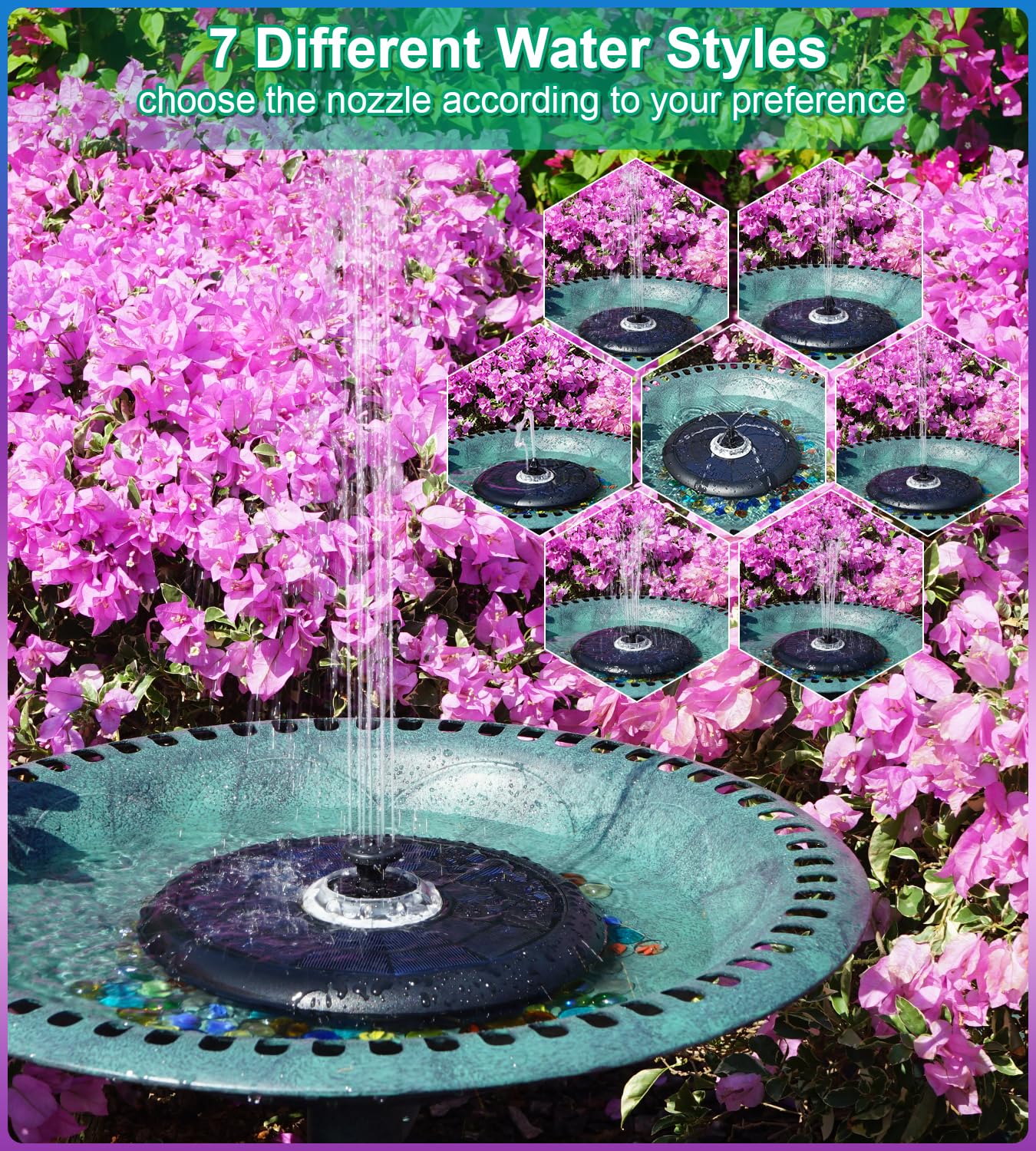 SZMP Solar Fountain 4000mAh Bird Bath Fountains 2024 Upgraded UFO Lights, 5W Solar Powered Fountain Pump with 7 Nozzles & 4 Fixers, Solar Fountain Pump for Pool, Garden, Pond, Outdoor Decor