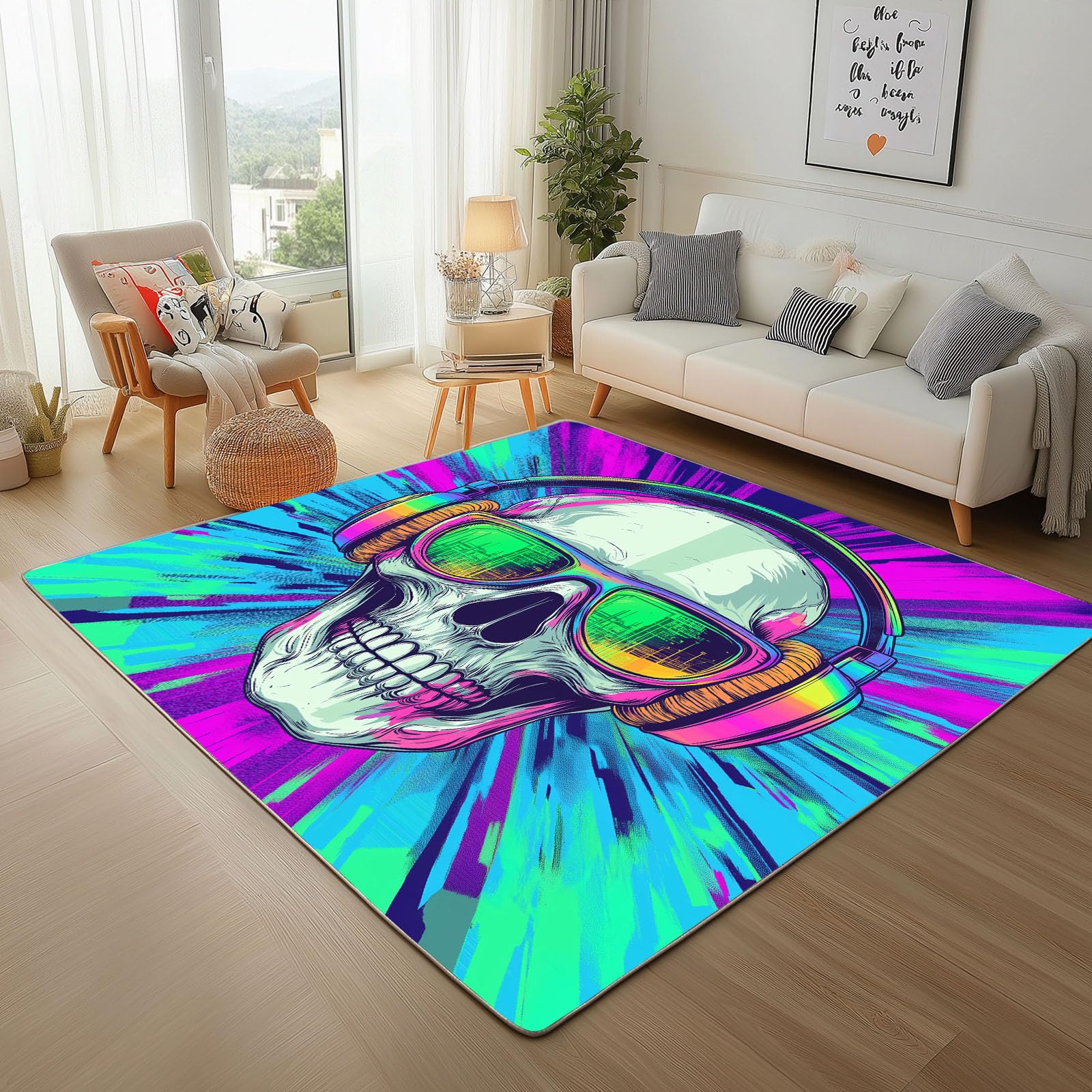 Tapis de salon crâne musique lavable grand format pour chambre adulte