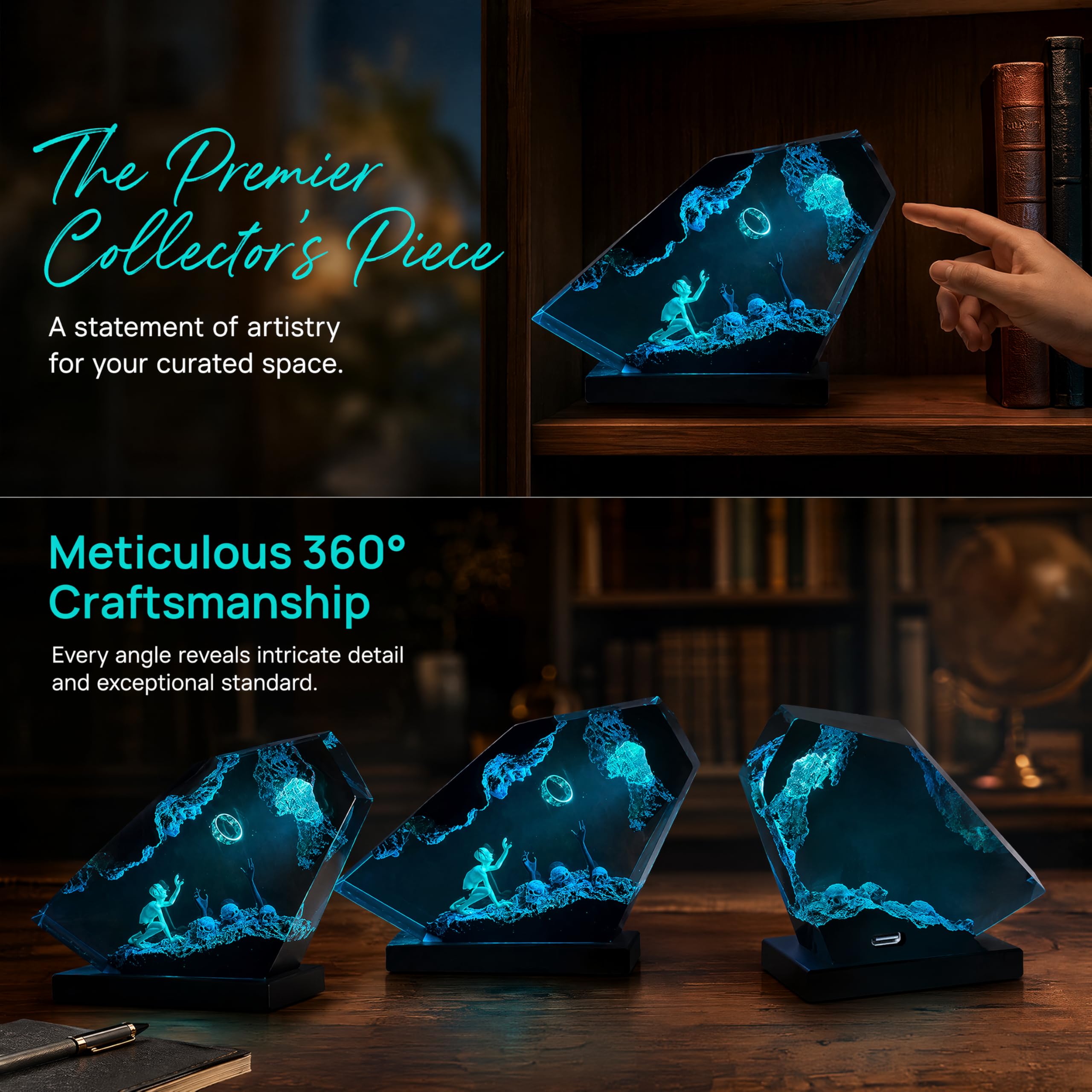 Lámpara de resina epoxi, Anillo del Señor Oscuro, luz nocturna LED de resina de madera maciza hecha a mano, puerto USB, decoración de mesita de noche de dormitorio, regalo de cumpleaños