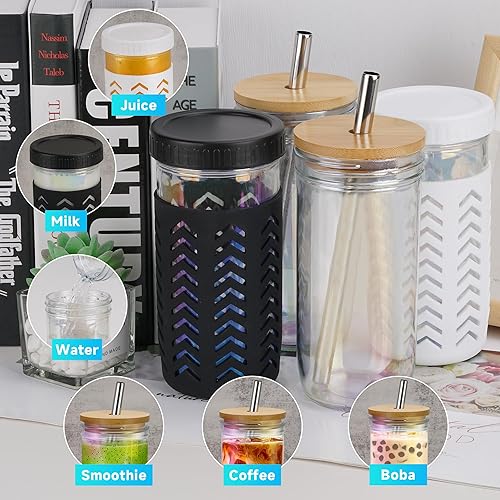 Miniatura 3 de Elma Home Vasos de vidrio con tapas y pajitas, vasos de bambú reutilizables, tarro Mason de 24 onzas, paquete de 4, juego de boca ancha, vaso de