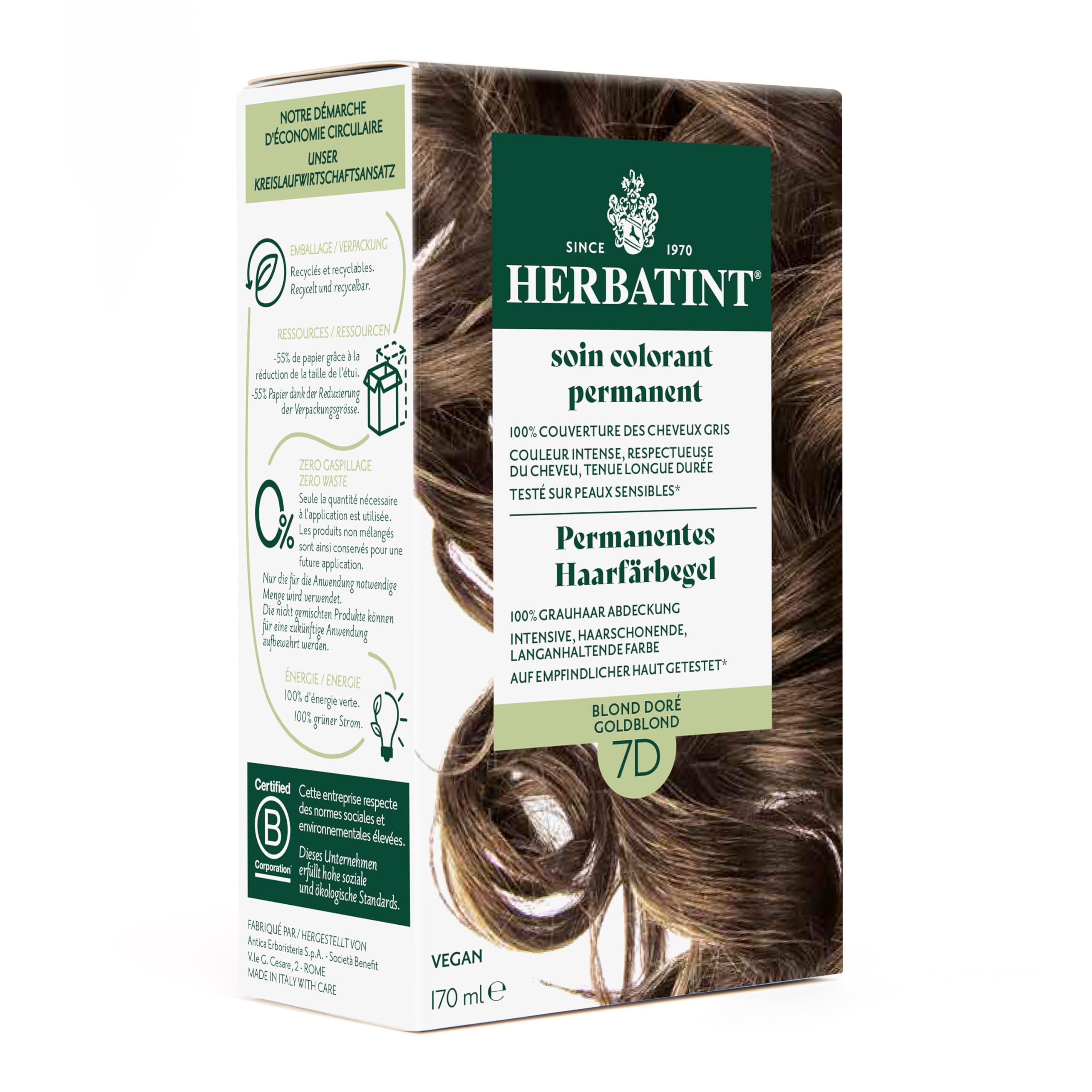 Herbatint Permanentes Haarfärbegel 7D Goldblond – 170 ml I Ohne Ammoniak, optimale Grauhaarabdeckung I Auf empfindlicher Haut getestet, mit 8 Pflanzenextrakten