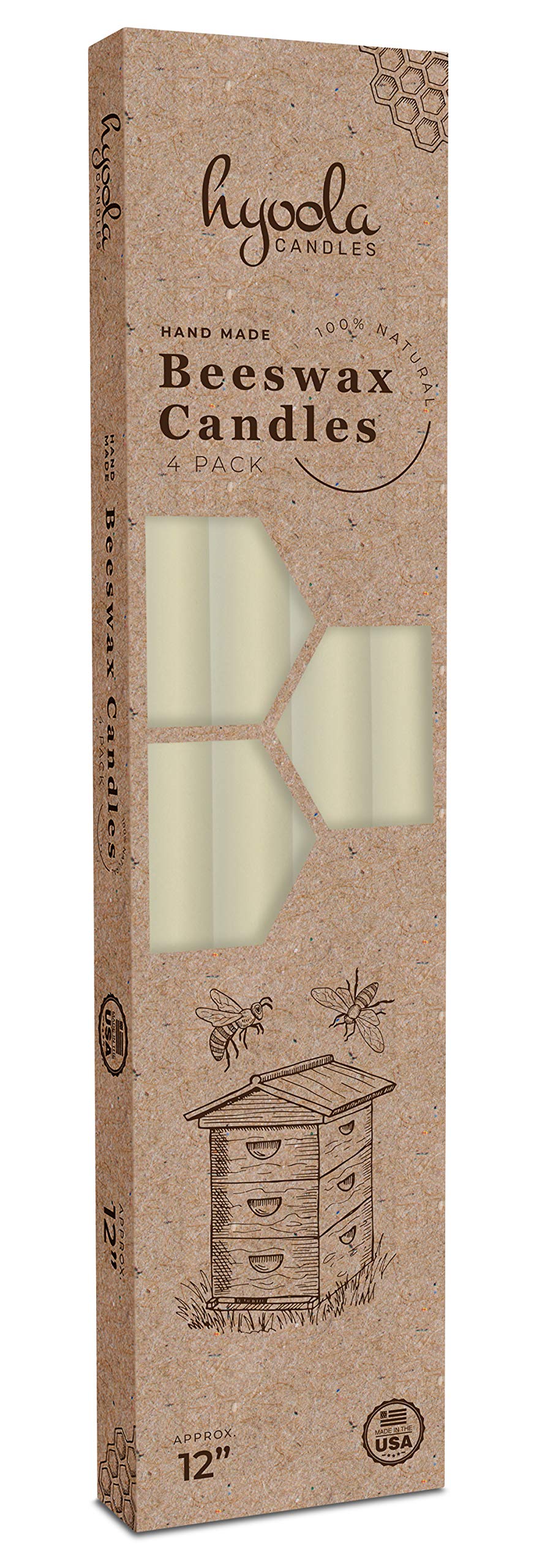 Hyoola Velas cónicas de cera de abeja de 12 pulgadas, 12 horas de tiempo de combustión, velas de cera de abeja blanca, paquete de 4