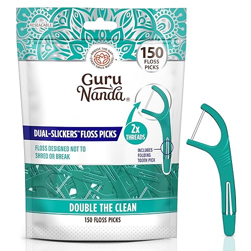 GuruNanda Dual Slickers Floss Picks - Double Threaded Dyneema Dental Floss with Foldable Toothpick for Effective Plaque Removal - Unflavored- 150 Ct - 150 Count