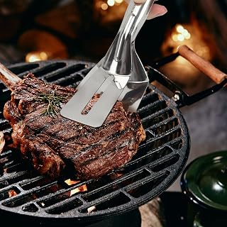 2-in-1 Stainless Steel Fish Spatula Tongs 304 Heavy Duty Cooking Tool for Flipping Fried Steak Pancakes BBQ Grilling Double Sided Food Clip 11 Inch Heat Resistant Dishwasher Safe