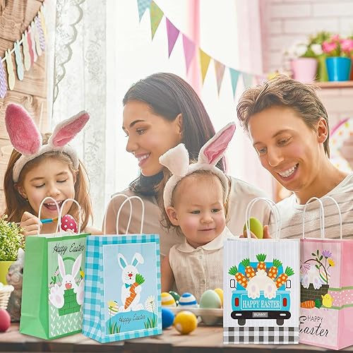 Miniatura 6 de AnyDesign Paquete de 24 bolsas de regalo de papel de feliz Pascua coloridas de dibujos animados conejo conejo pollo bolsas de regalo con asas lindas