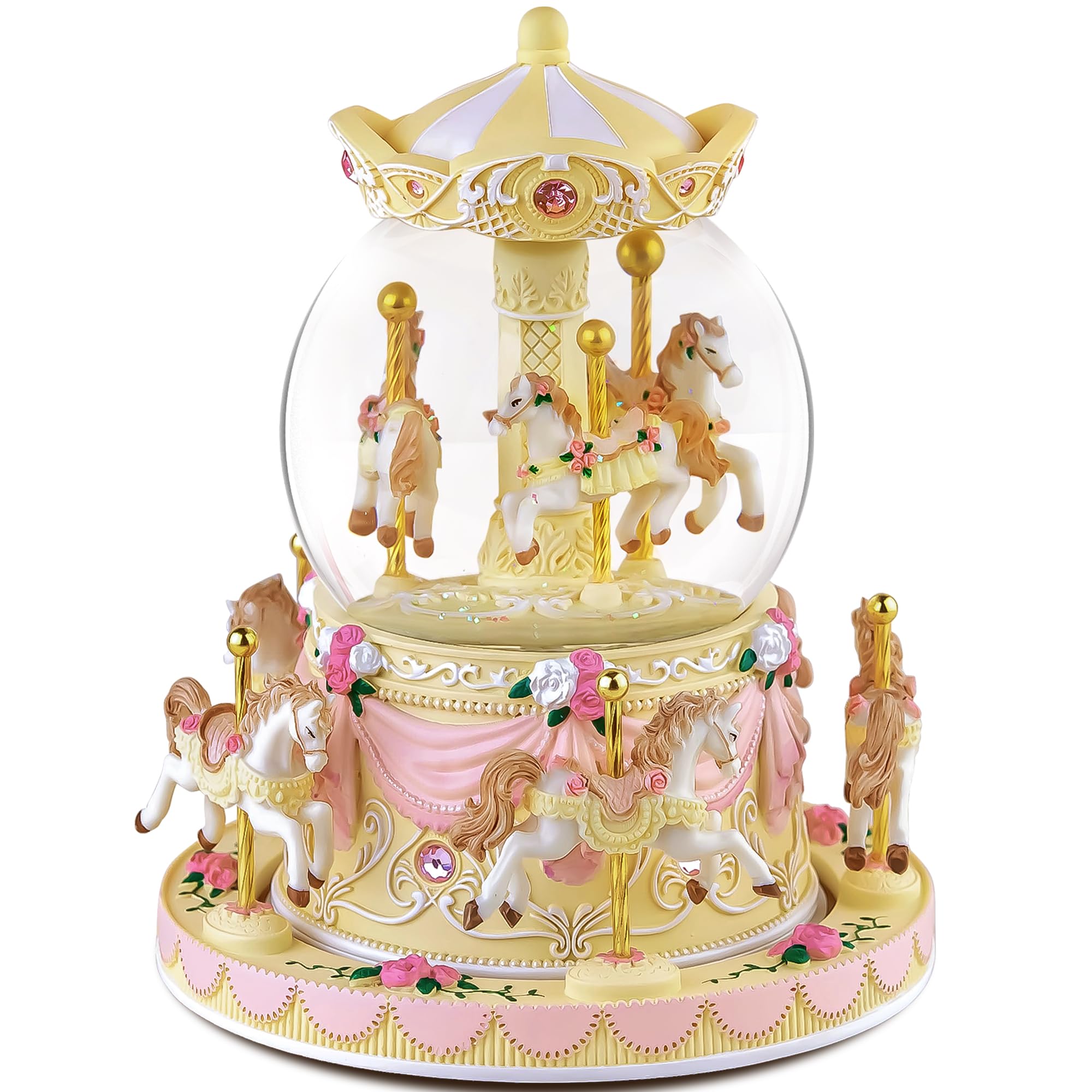 Ms. Wenny Girls Yellow - Play Canon Carousel Music Box Horse Gift - Merry Go Round Snow Globe For Wife Kids Women Daughter Music Boxes Mechanism Birthday Anniversary Christmas Valentine Gift Play Canon