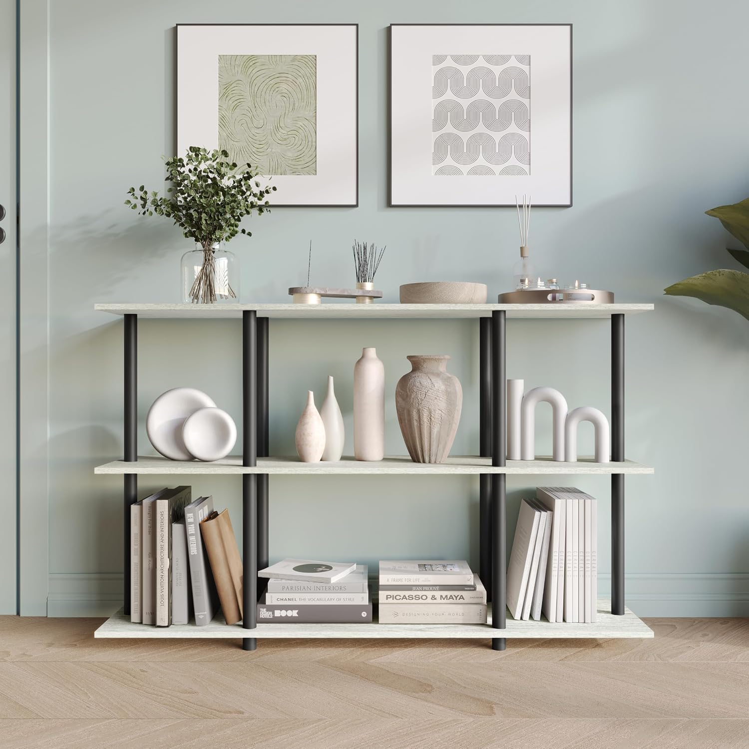 Simple 3-Tier Wide Open Display Storage Shelf, Space-Saving Organizer, Light Grey