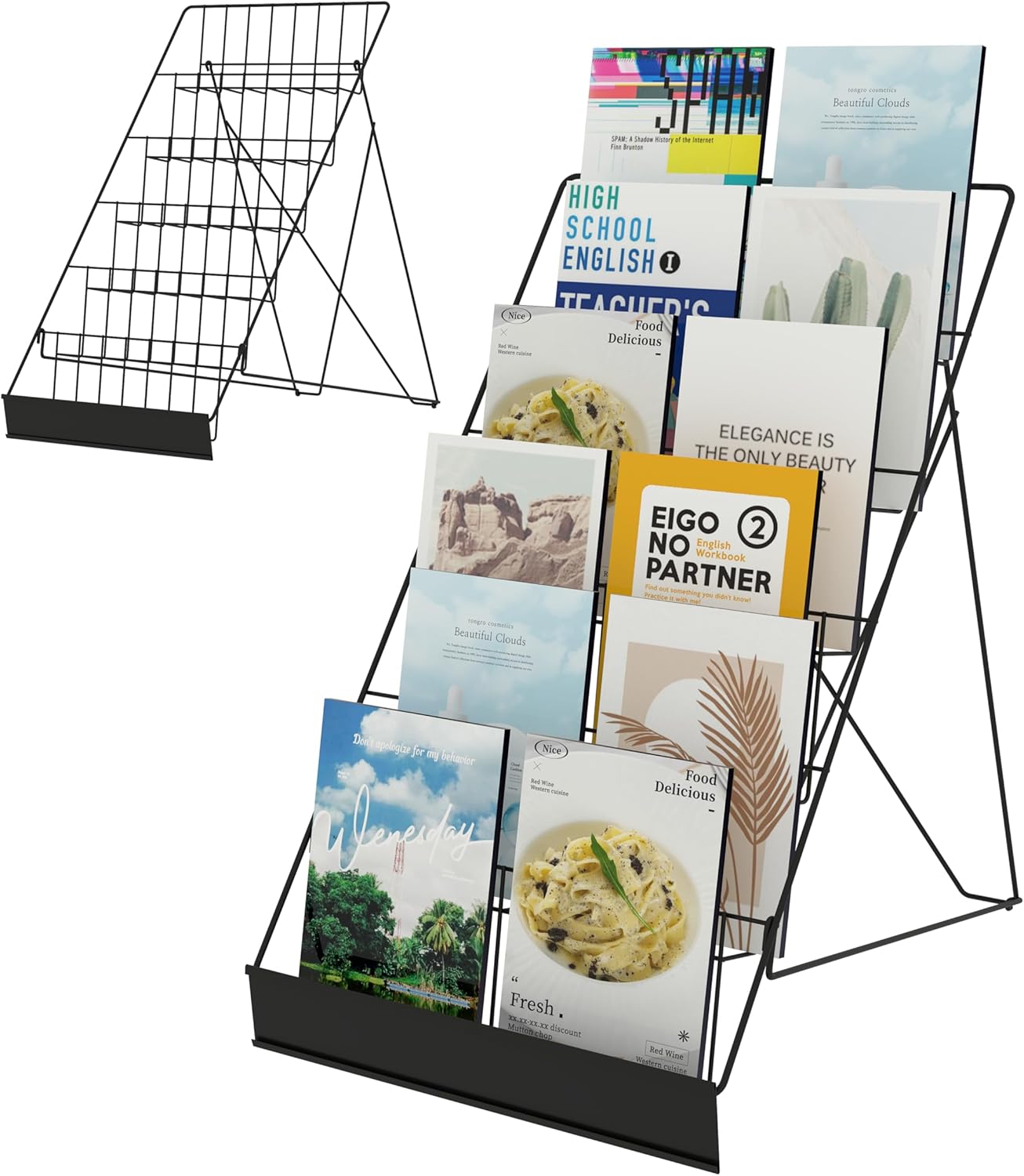 6 Tier Countertop Wire Magazine Racks,18" Wide Metal Comic Book Display Rack with Sign Channel,Foldable Retail Vendor Booth Display Stand for Greeting Card,Brochure,Art Print,CD,Craft