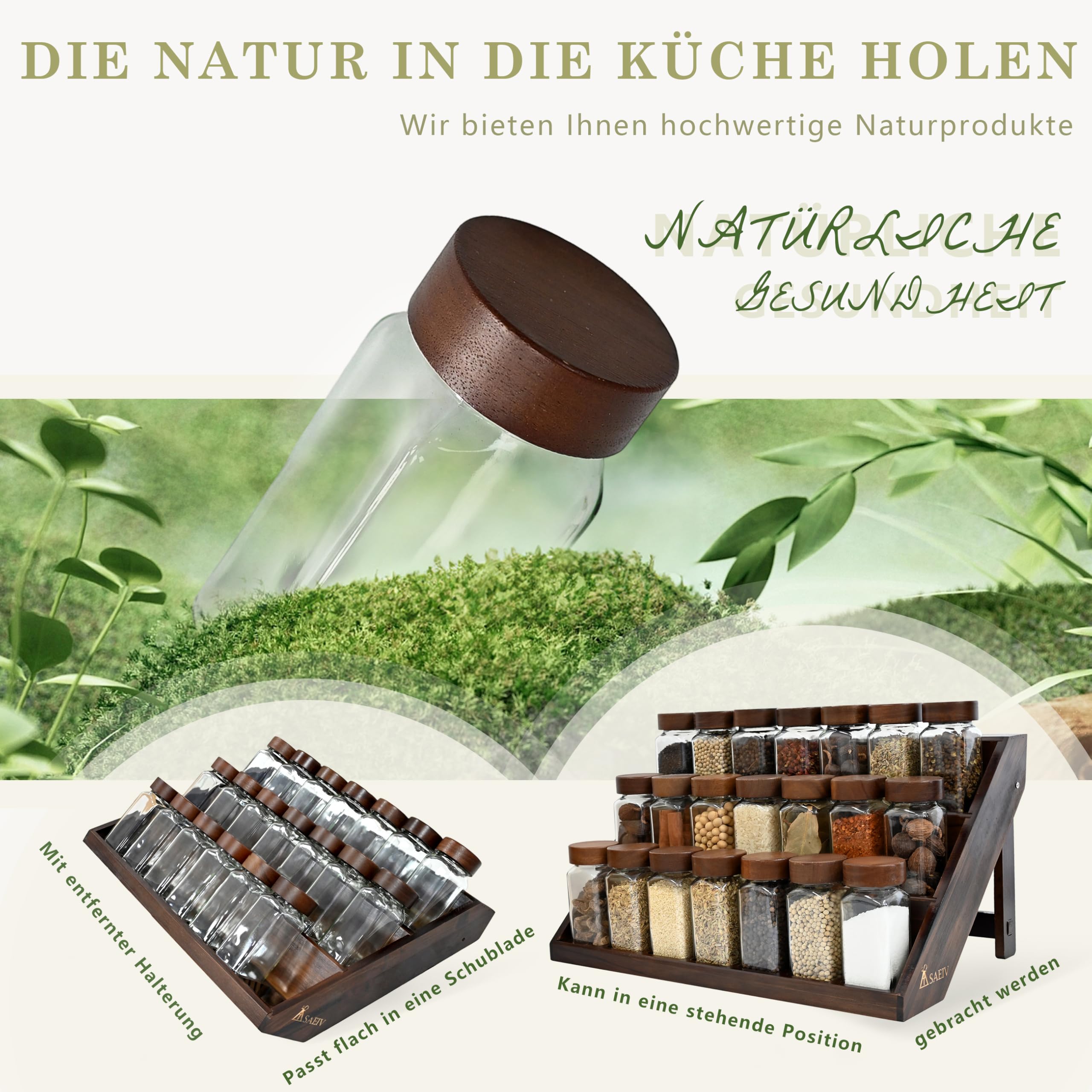 SAEIV Gewürze set 2-in-1 Akazien Holz FCM®21x120ml gewürzstreuer glas gewürzgläser eckig gewürzgläser glas Gewürz Organizer gewürzbehälter gewürzdosen spice jars gewürzgläser leer mit 120 Etiketten