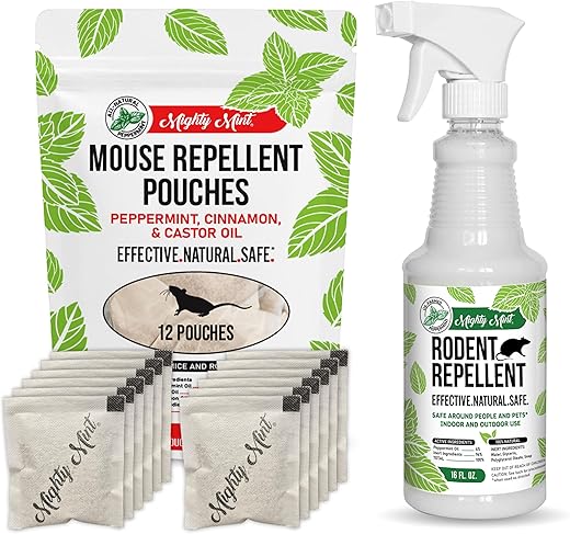 Mighty Mint Mouse Repellent Pouches & Rodent Repellent Spray Bundle