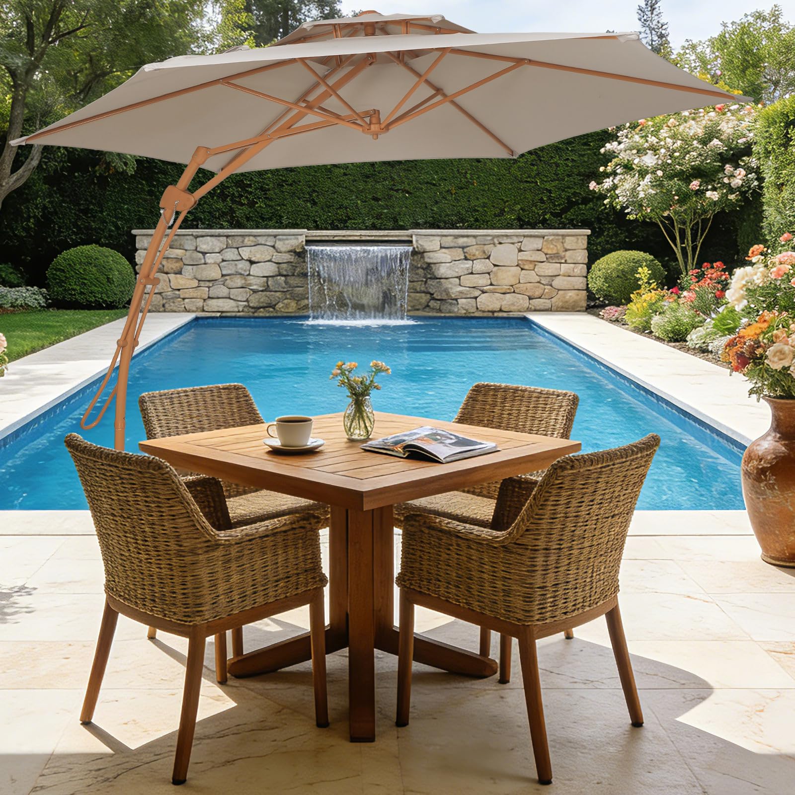 Sonnenschirm Balkon 300cm Gartenschirm Ampelschirm mit Kurbel UV-Schutz,Doppel-Top Design,Kurbelschirm mit 6 robusten Streben,für Garten Terrasse Balkon, inkl, Beige