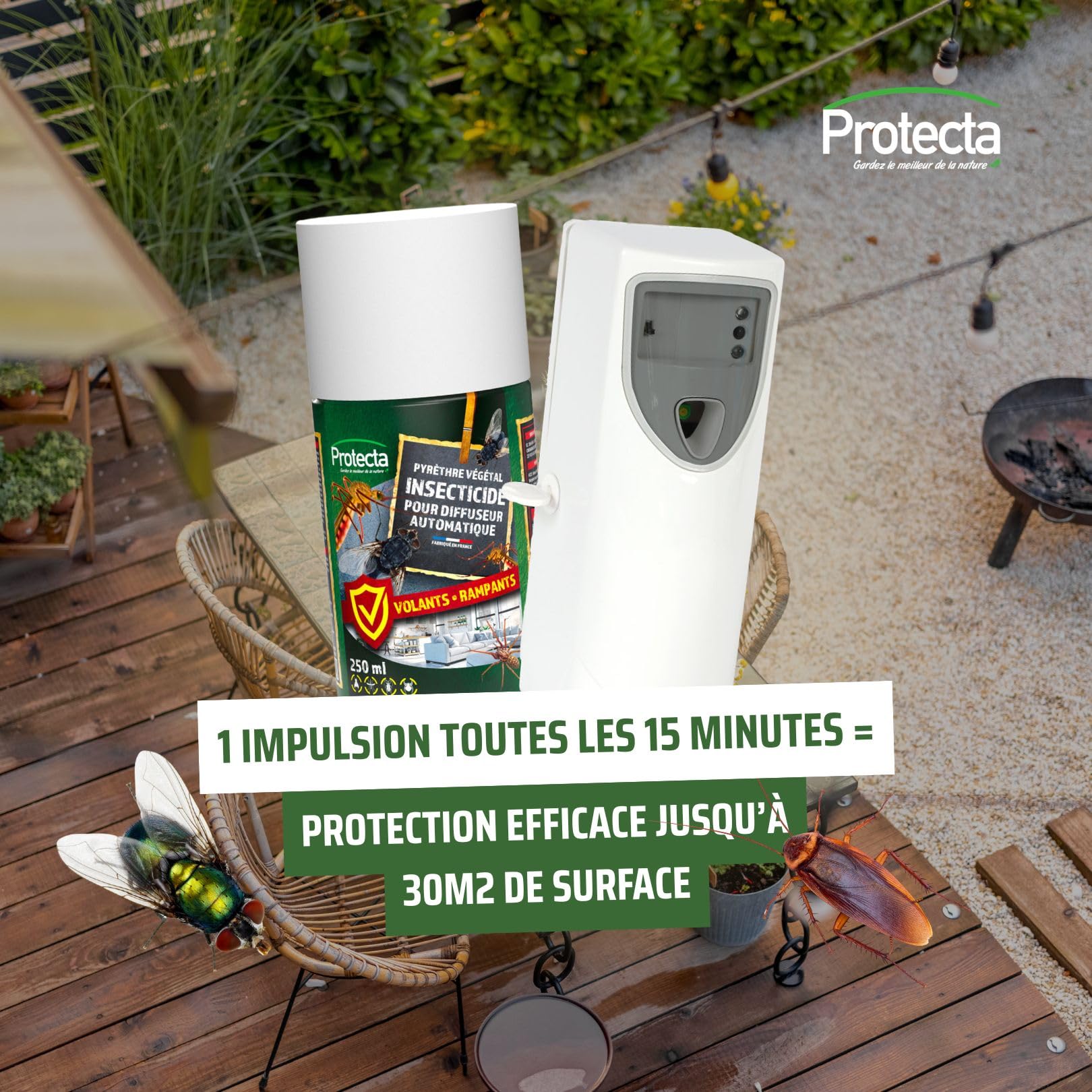 Protecta - Protecta® - Aerozol środek owadobójczy 250ml - Przeciw komarom, muchom i owadom pełzającym i latającym - Złocień roślinny - Efekt wstrząsu i przeciw reinfestacji - Wyprodukowano we Francji