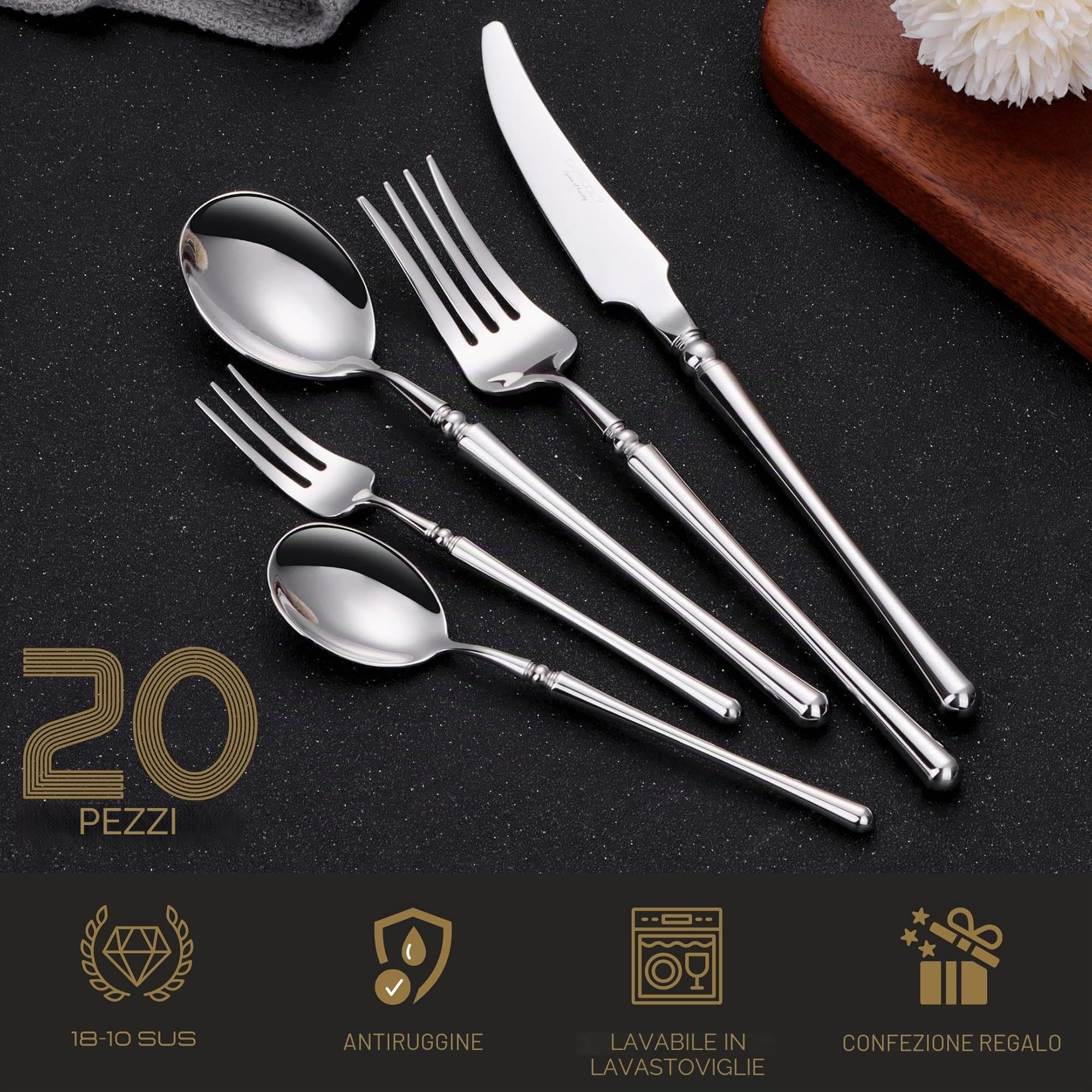 Set di posate di lusso da 20 pezzi in acciaio inox 18/10, con coltelli da bistecca, cucchiai e forchette