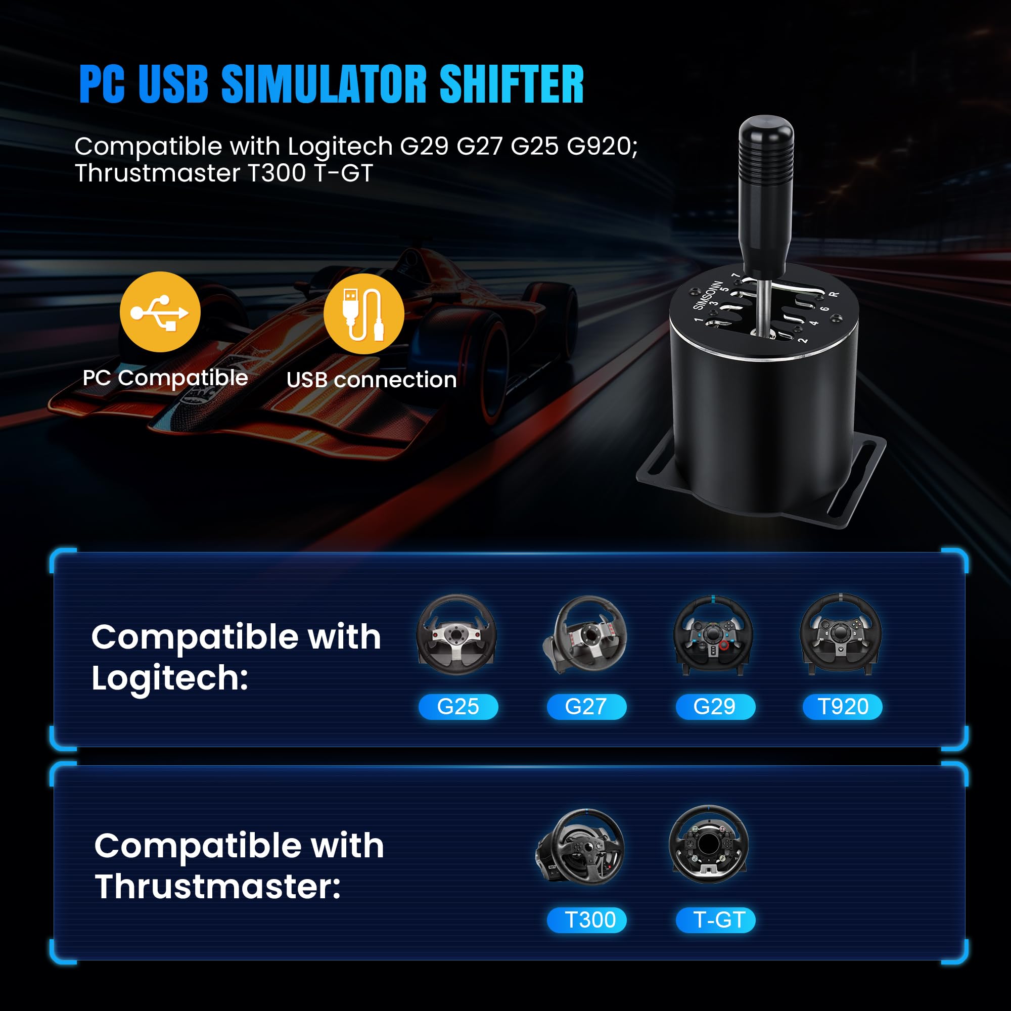 SIMSONN PC USB Simulator Shifter 7+R H Gangschaltung Kompatibel mit Logitech G920 G27 G29 G25 T300RS/GT Lenkrad, Design für ATS ETS Dust WRC Sim Racing Games (7+R)