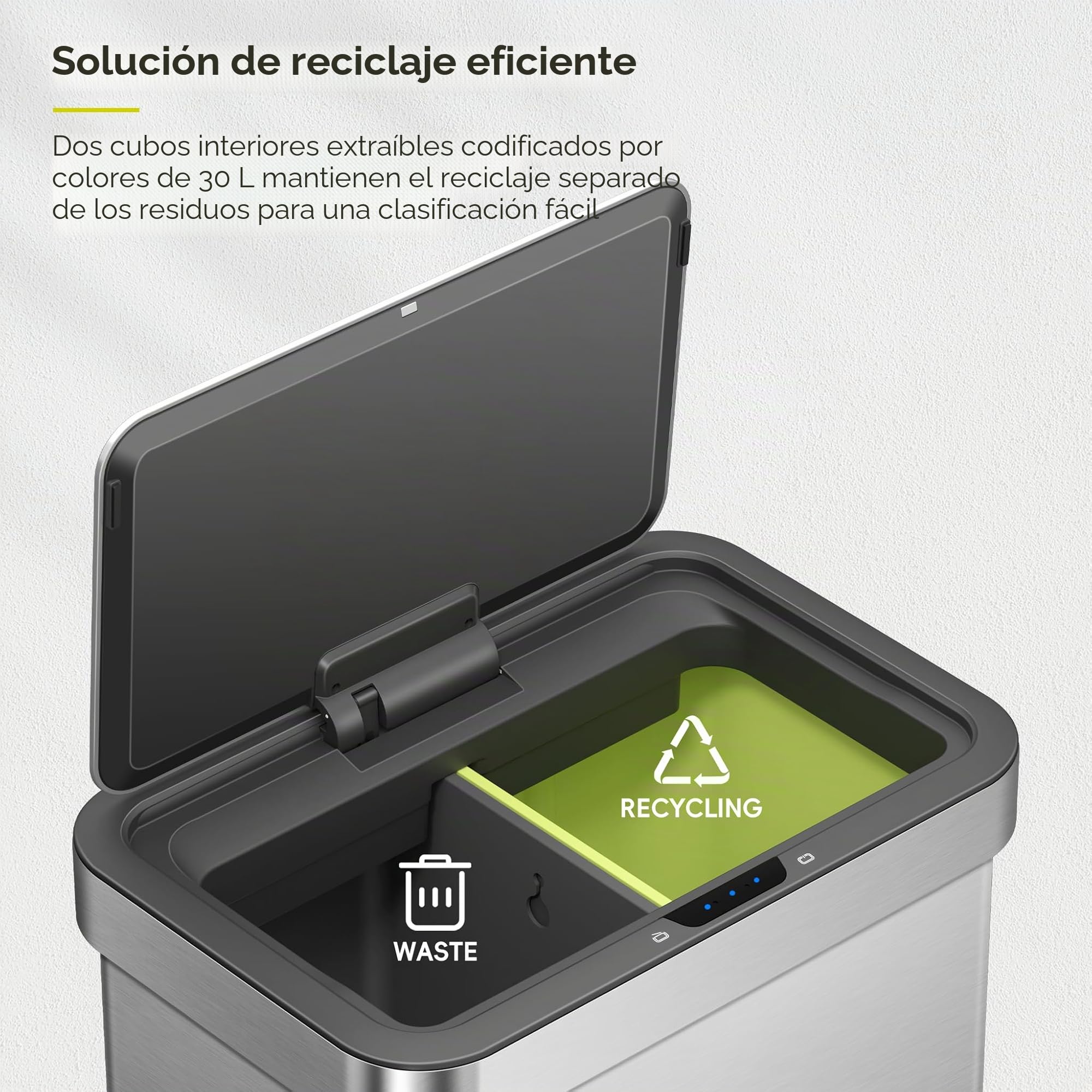 EKO Econova - Cubo de basura con sensor de movimiento doble, 30 L + 30 L, cubo de basura automático para cocina y reciclaje, tapa suave, antihuellas, cubo de basura de acero inoxidable 2