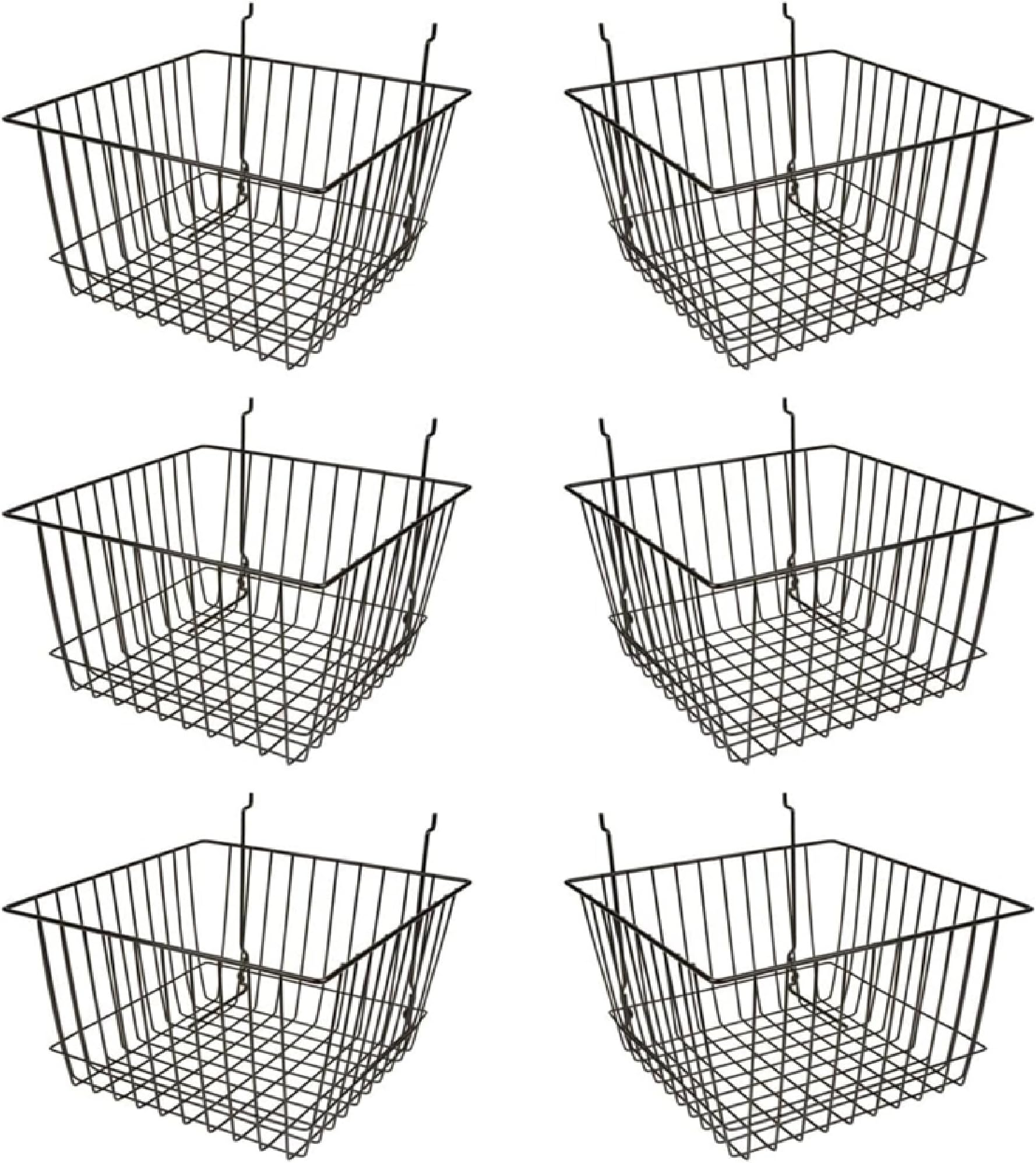 Econoco Multi Fit Wire Baskets, 12 Inch Deep, Fits Slatwall Pegboard or Gridwall, Semi Gloss Metal Finish, Set of 6, Black