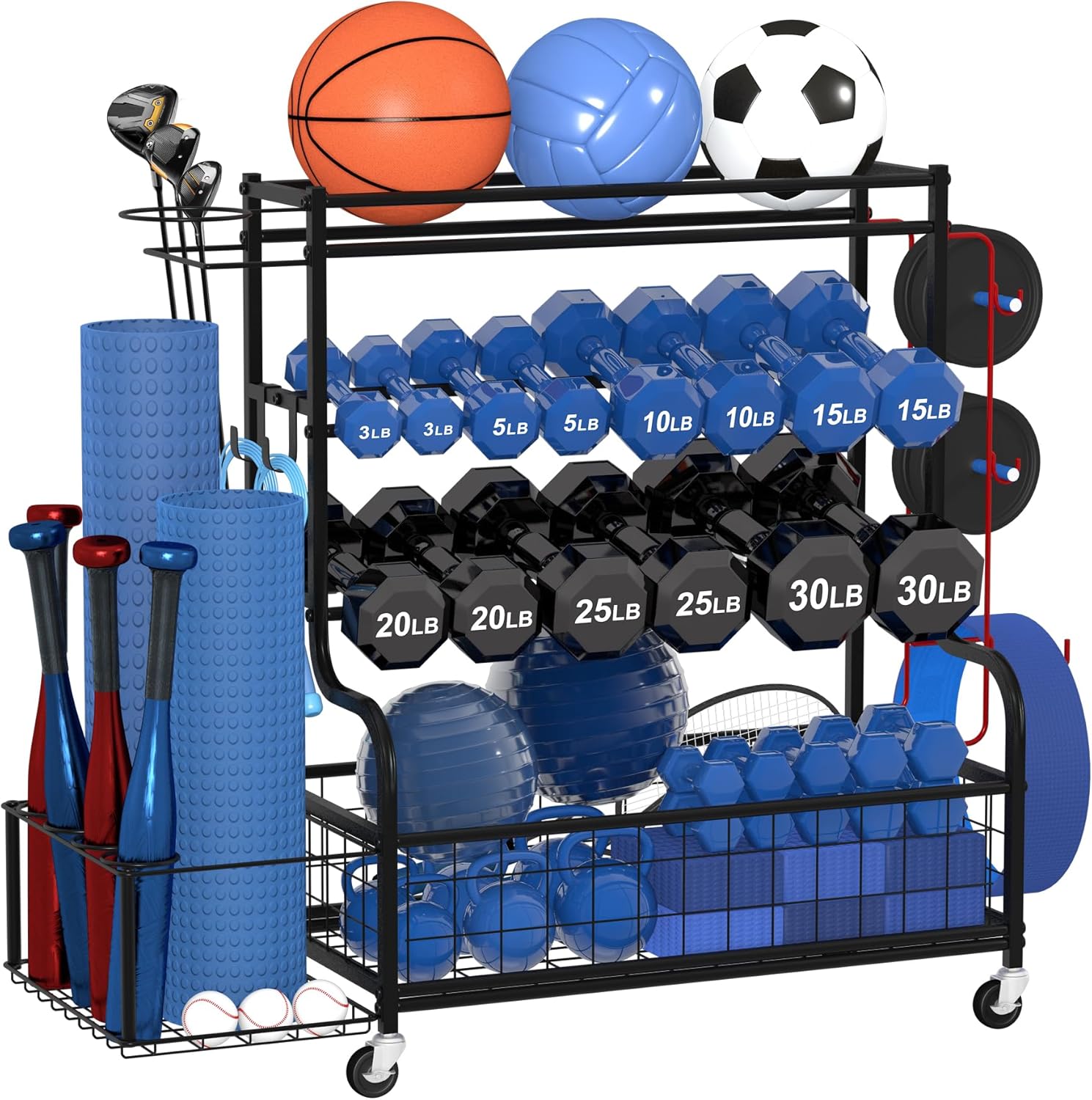 Dumbbell Rack with Weights, Yoga Mat Storage Racks, Home Gym Storage Rack for Yoga Mat Kettlebells and Strength Training Equipment, Weight Storage Holder Rack for Dumbbells with Hooks and