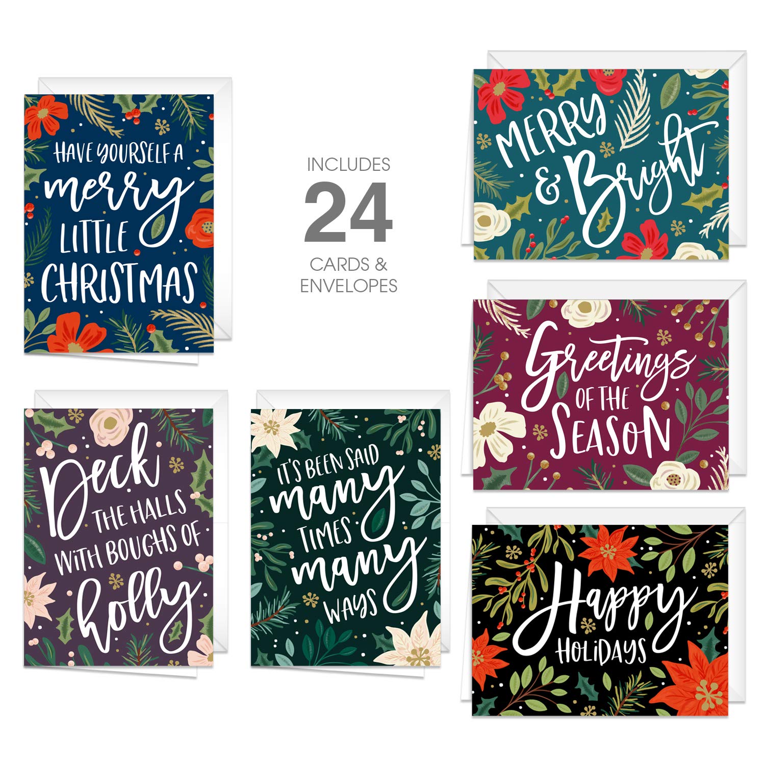 Weihnachtskarten mit Blumenmuster, 61 x 12 cm, mit weißen Umschlägen, illustrierte Weihnachts-Notizkarten