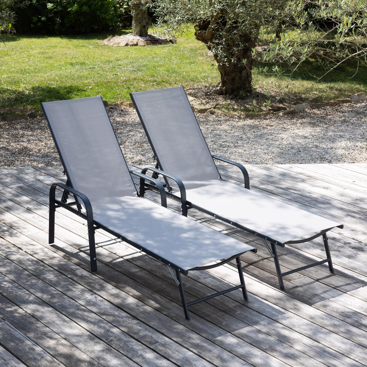 Happy Garden Lot de 2 Bains de Soleil Sardinia en textilène Gris - Structure Anthracite. Bain de Soleil d'extérieur en Acier 5 Positions.