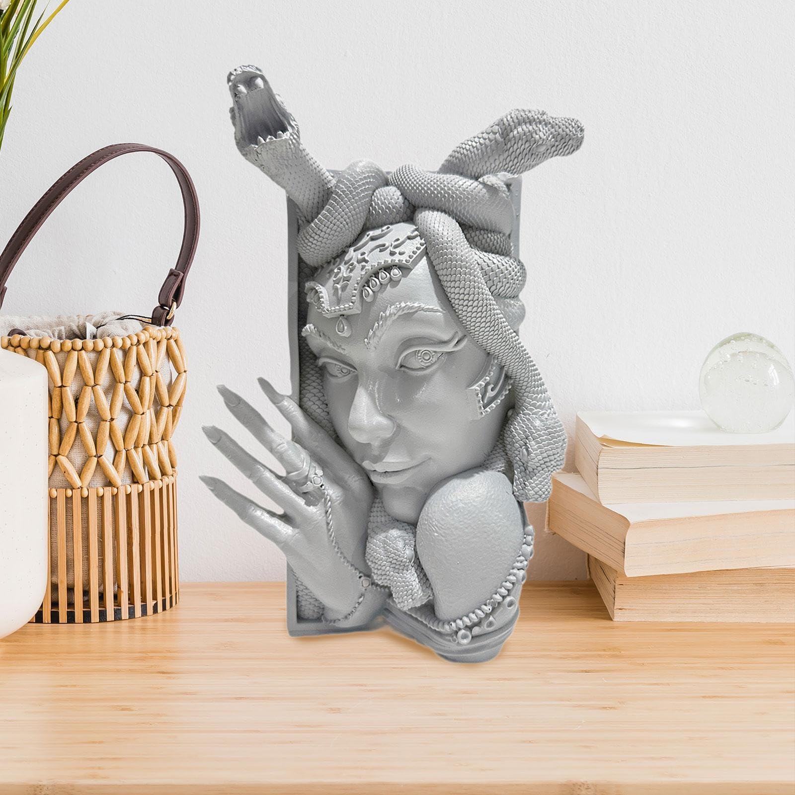 Sujetalibros Medusa Estatua Resina Tope de Libros Pesado Antideslizante Decoración de Escritorio Y Estantería Adecuado para Regalos Oficina Hogar, Gris