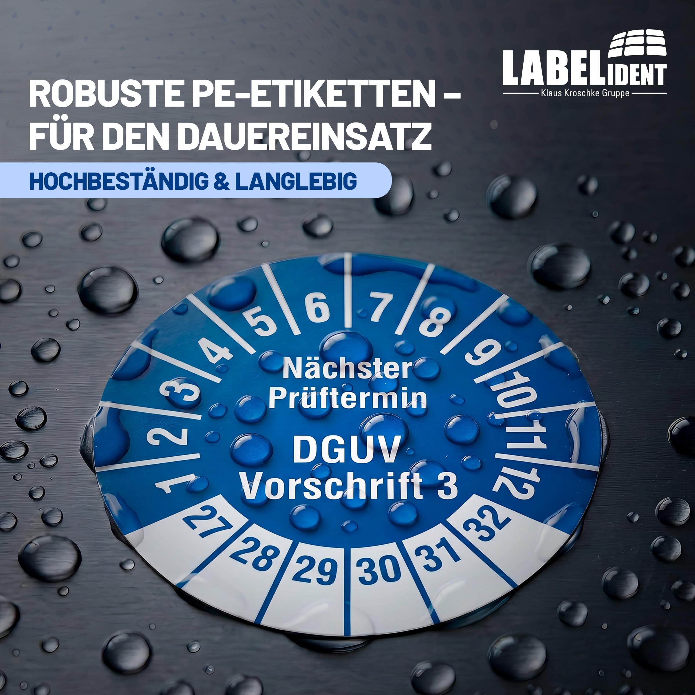 Labelident Prüfplaketten Nächster Prüftermin DGUV Vorschrift 3 - Ø 30 mm - 1.000 auf Rolle, 2027-2032, selbstklebend
