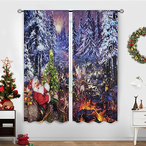 Juego de 2 paneles de cortinas de Navidad para sala de estar, cortinas opacas con estampado de Papá Nochebuena, bolsillo para barra, cortina opaca