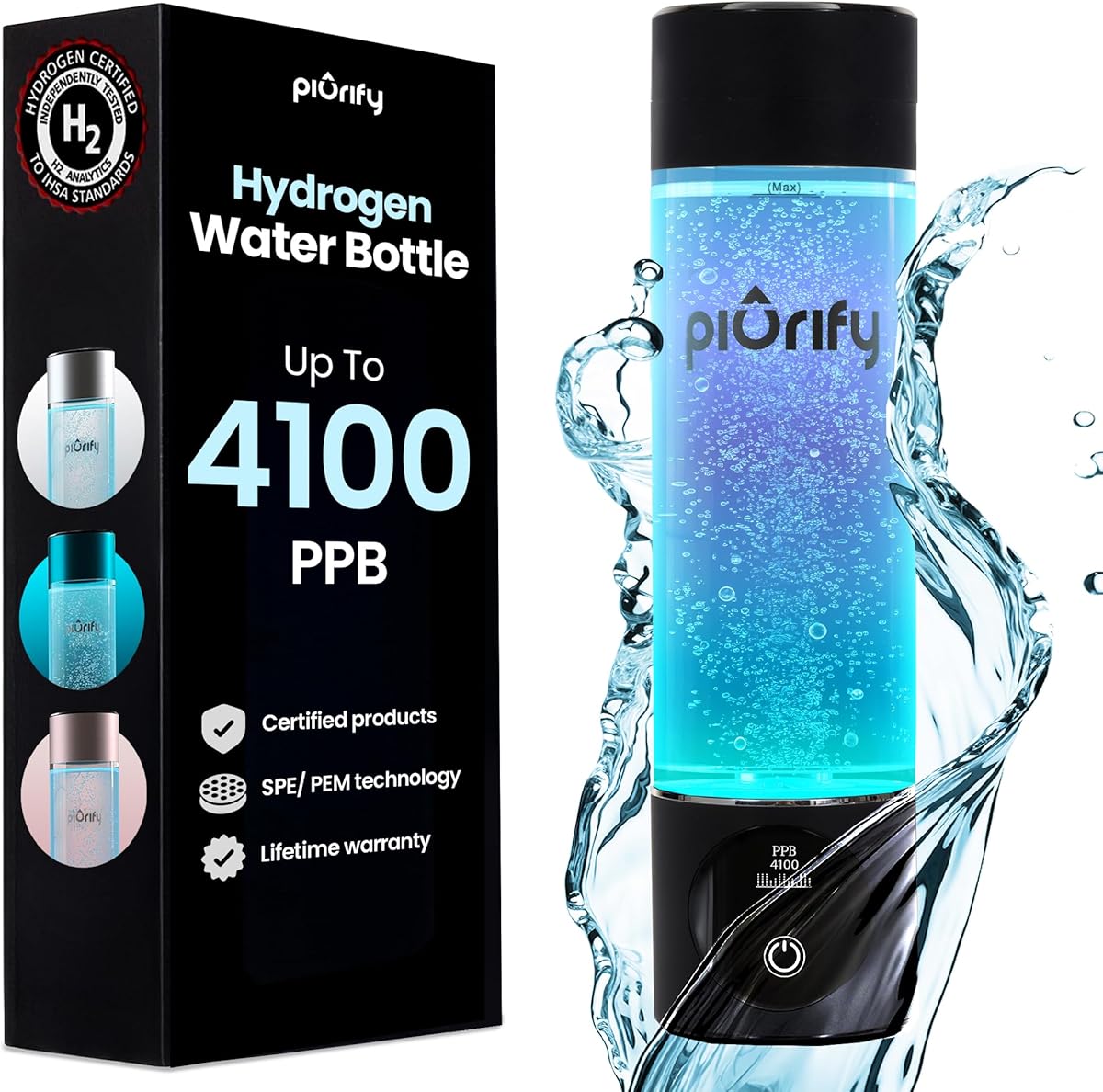 Hydrogen Water Bottle Generator - Up to 4100+ PPB Concentration - SPE/PEM Technology - Certified H2 Generator - Portable Athletic Performance & Hydration System - 6-Hour Hydrogen Retention