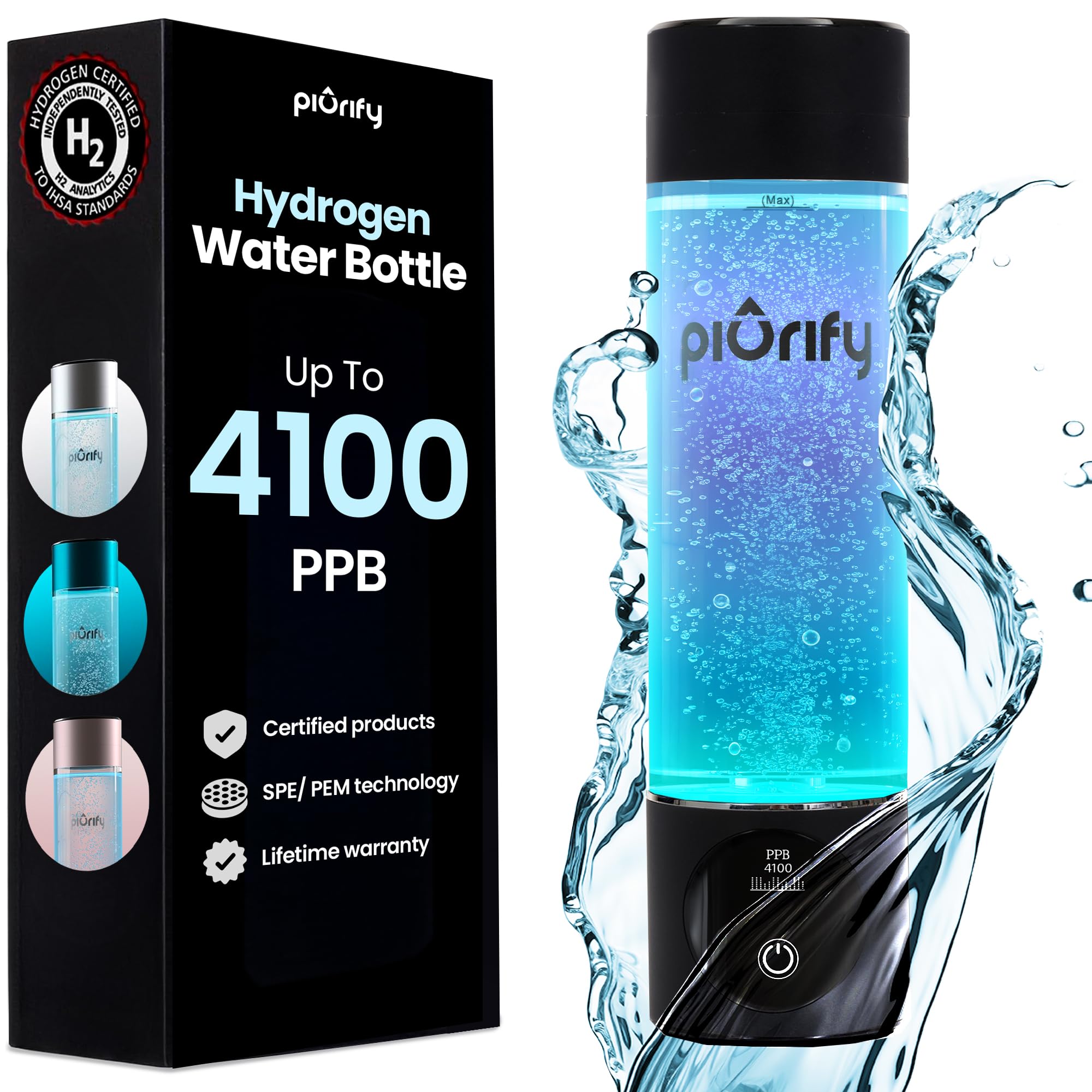 Hydrogen Water Bottle - Black. Food Grade Body Tumbler; Spe/pem Technology, Generates Real 3000ppb Pure Hydrogen Rich Concentration. Dupont Membrane, Purification Vent, OLED Display.