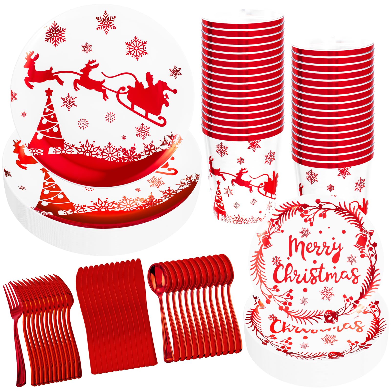 EI 150pcs Christmas Red and White Plastic Plates,Christmas Plastic Plates  with Santa and Moose,Red Plastic Silverware,Clear and Red Cups for Christmas