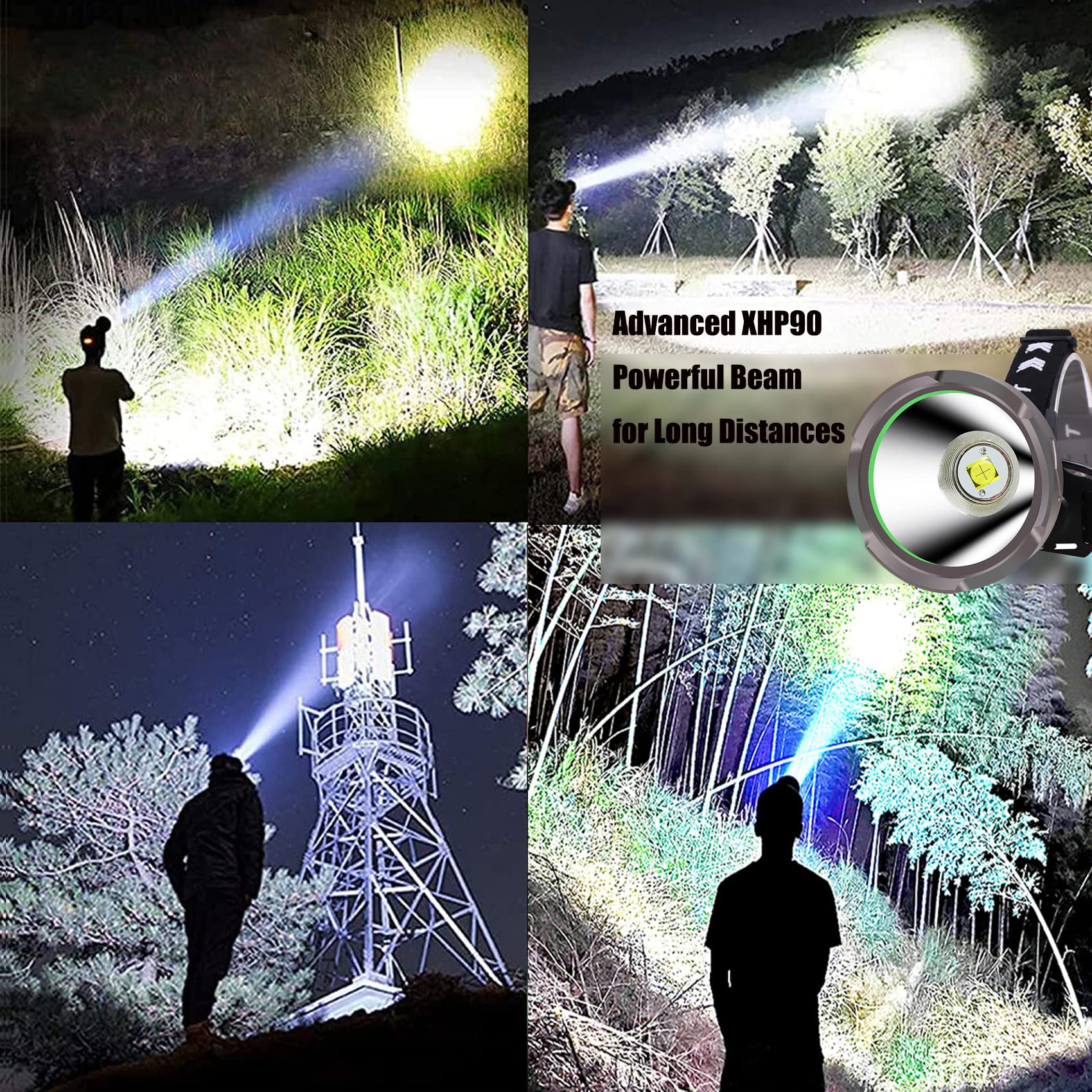 Latarki czołowe do kempingu i pieszych wędrówek, latarka czołowa LED z akumulatorem, superjasna latarka czołowa XHP90, najmocniejsza, 30000 lumenów, duża głowica reflektora z 4 trybami oświetlenia, st