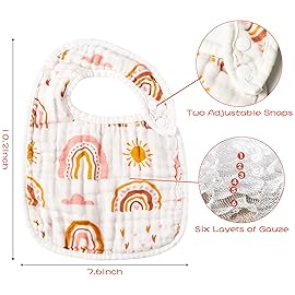 Zainpe 6Pcs Snap Muslin Cotton Bibs for Baby Rainbow Sun Star Adjustable Feeding Bib, Machine Washable Unisex Burp Cloths with 6 Absorbent Soft Layers for Infant Newborn Toddler Drooling Teething