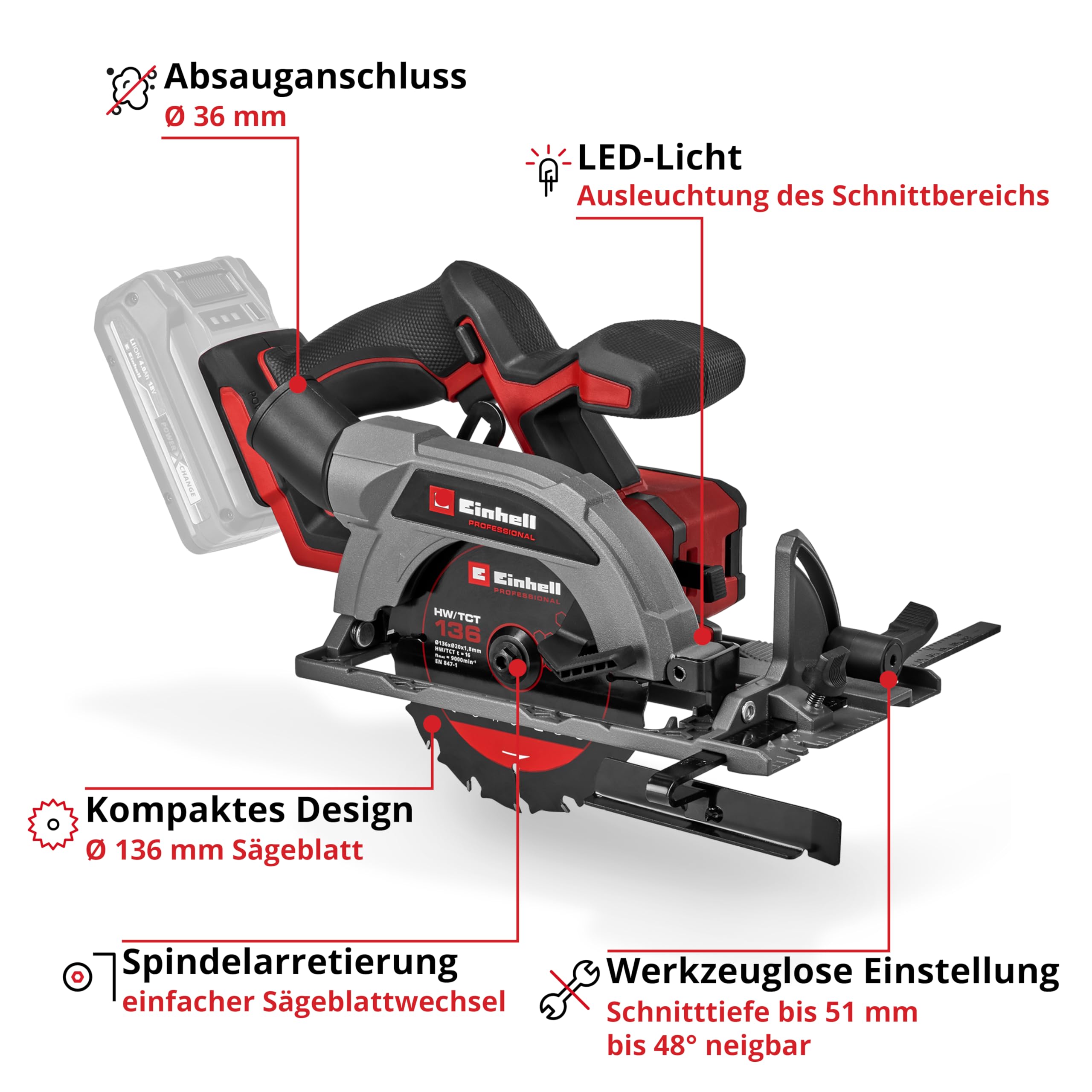 Einhell Professional Akku-Handkreissäge TP-CS 18/136-C Li BL - Solo Power X-Change (18 V, Ø 136 mm Sägeblatt, Brushless, 51 mm Schnitttiefe, werkzeuglose Einstellung, ohne Akku)