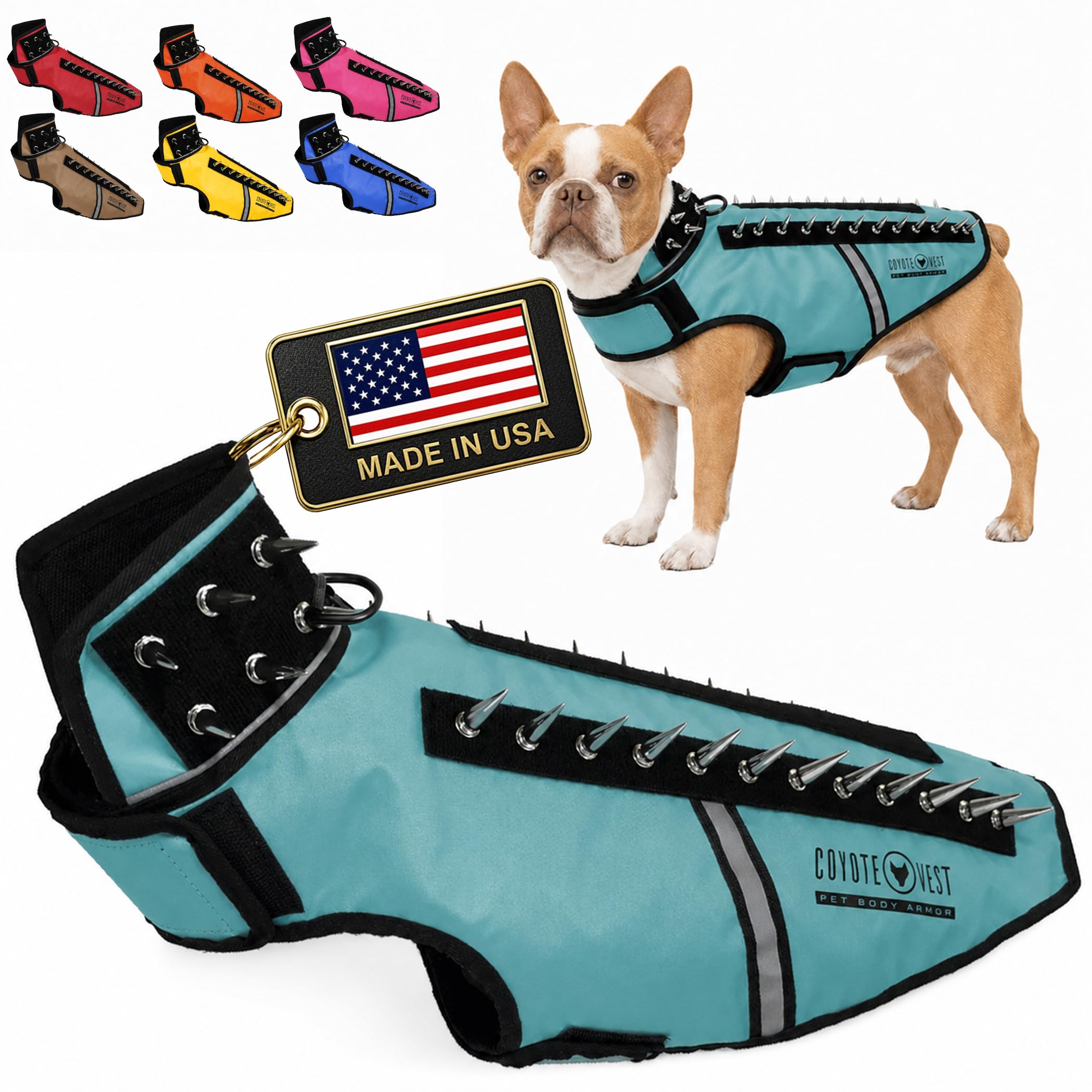 CoyoteVest SpikeVest Dog Harness | Stab-Resistant Protective Vest | Coyote Vest for Dogs | Defends Against Coyotes, Dogs, Birds of Prey | Reflective Safety, Made in USA (M-Turquoise)