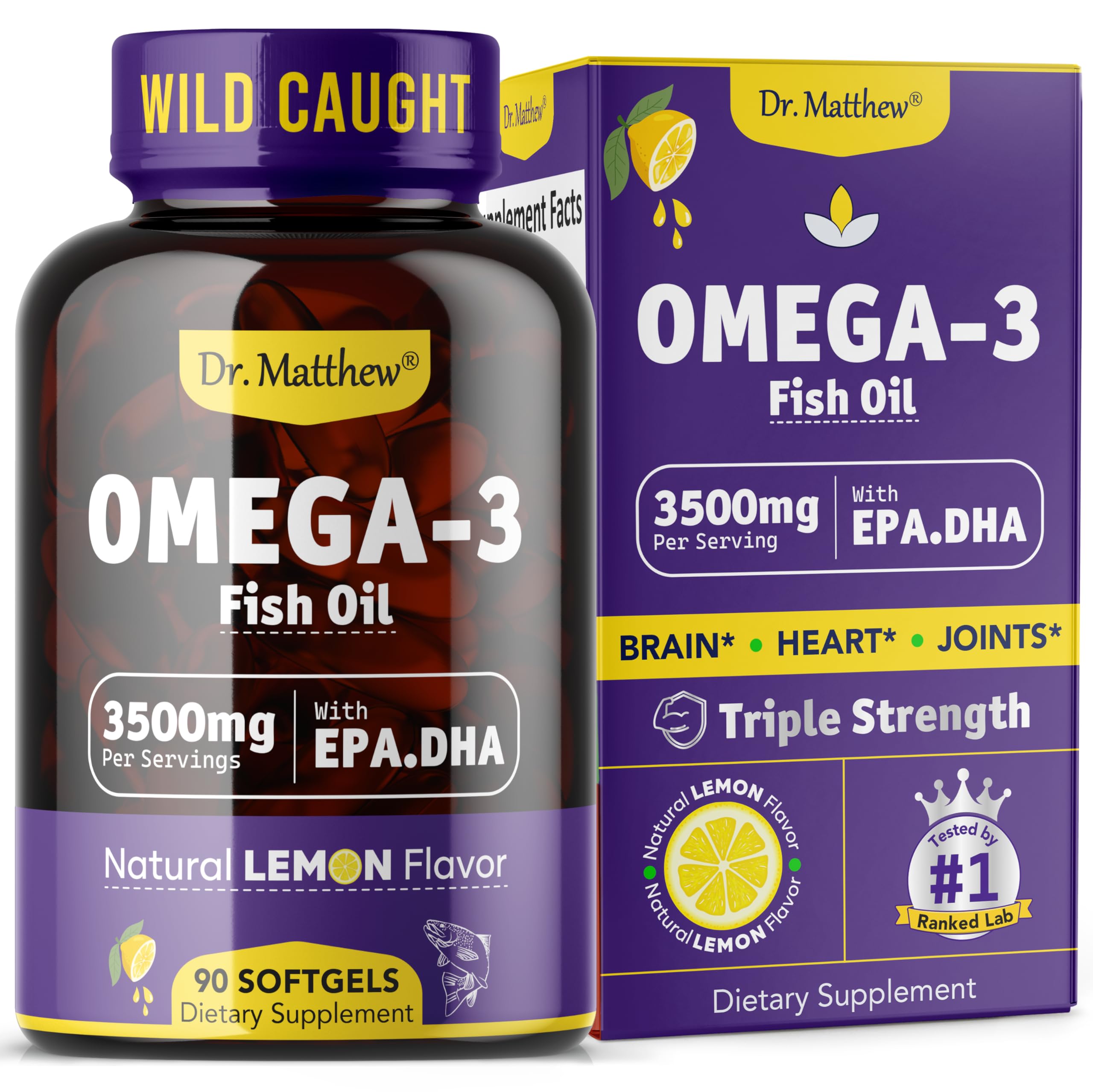 Omega-3 Fish Oil, 3500 mg, High EPA & DHA – No Fishy Taste, Easy to Swallow, Burpless, Natural Lemon – Supports Heart, Brain & Joint Health – 90 Softgels – Wild Caught.