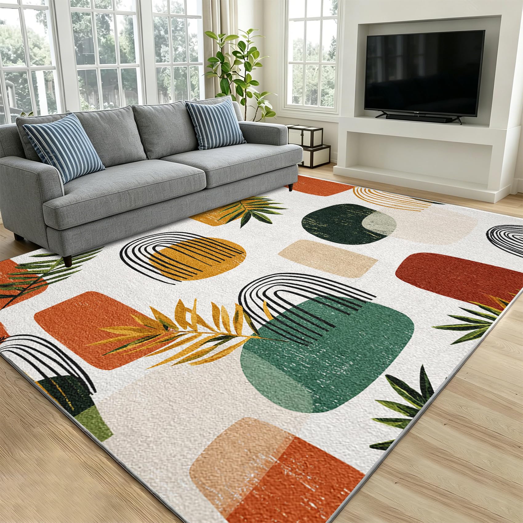 Mid Century Geometrisch Teppich Wohnzimmer 120x170, Boho Blätter Teppiche Waschbarer & Rutschfester Weicher Kurzflor für Schlafzimmer, Küchenteppich Deko S5y&377