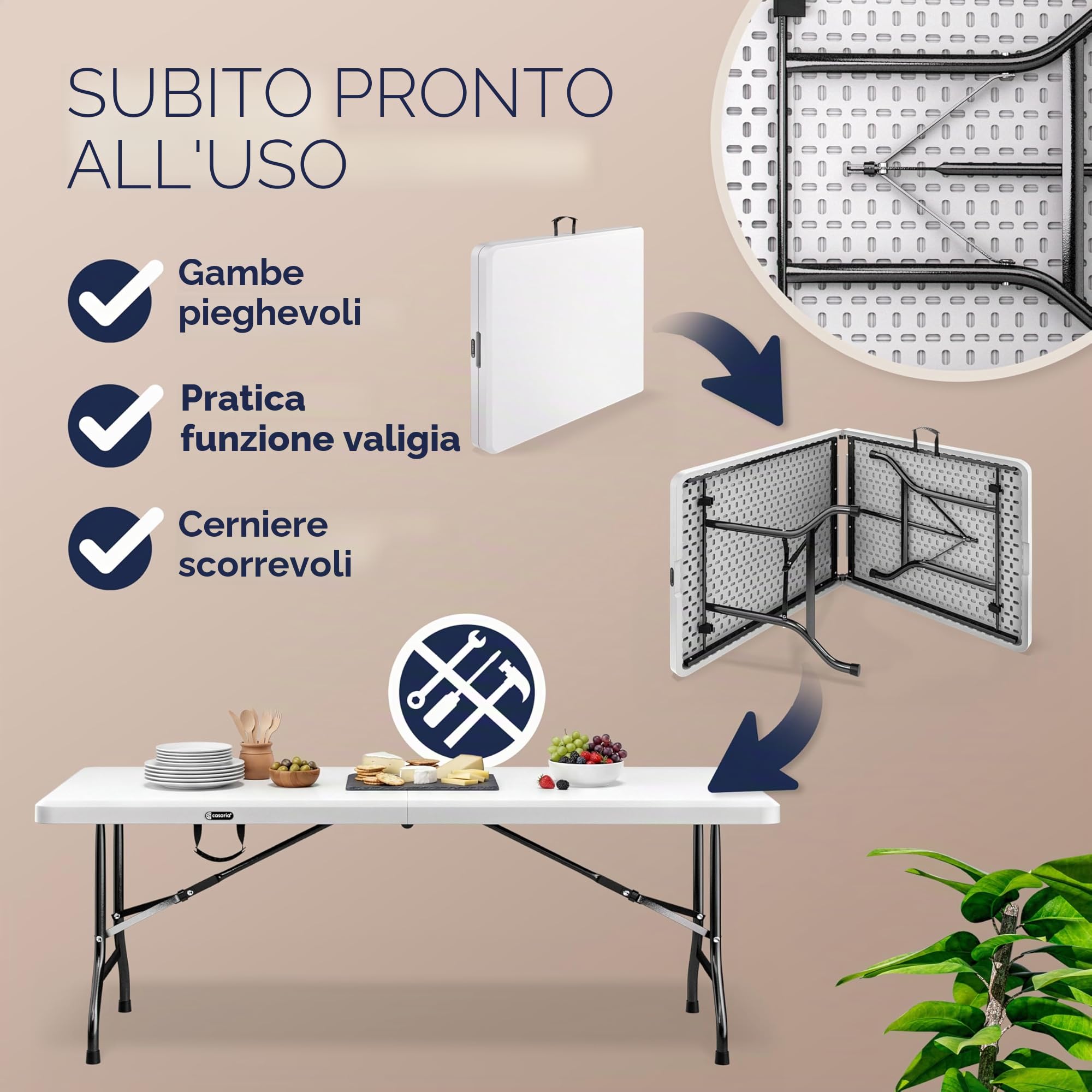 Casaria Tavolo da Giardino Pieghevole 220x70 cm Rettangolare per 10 Persone Bianco