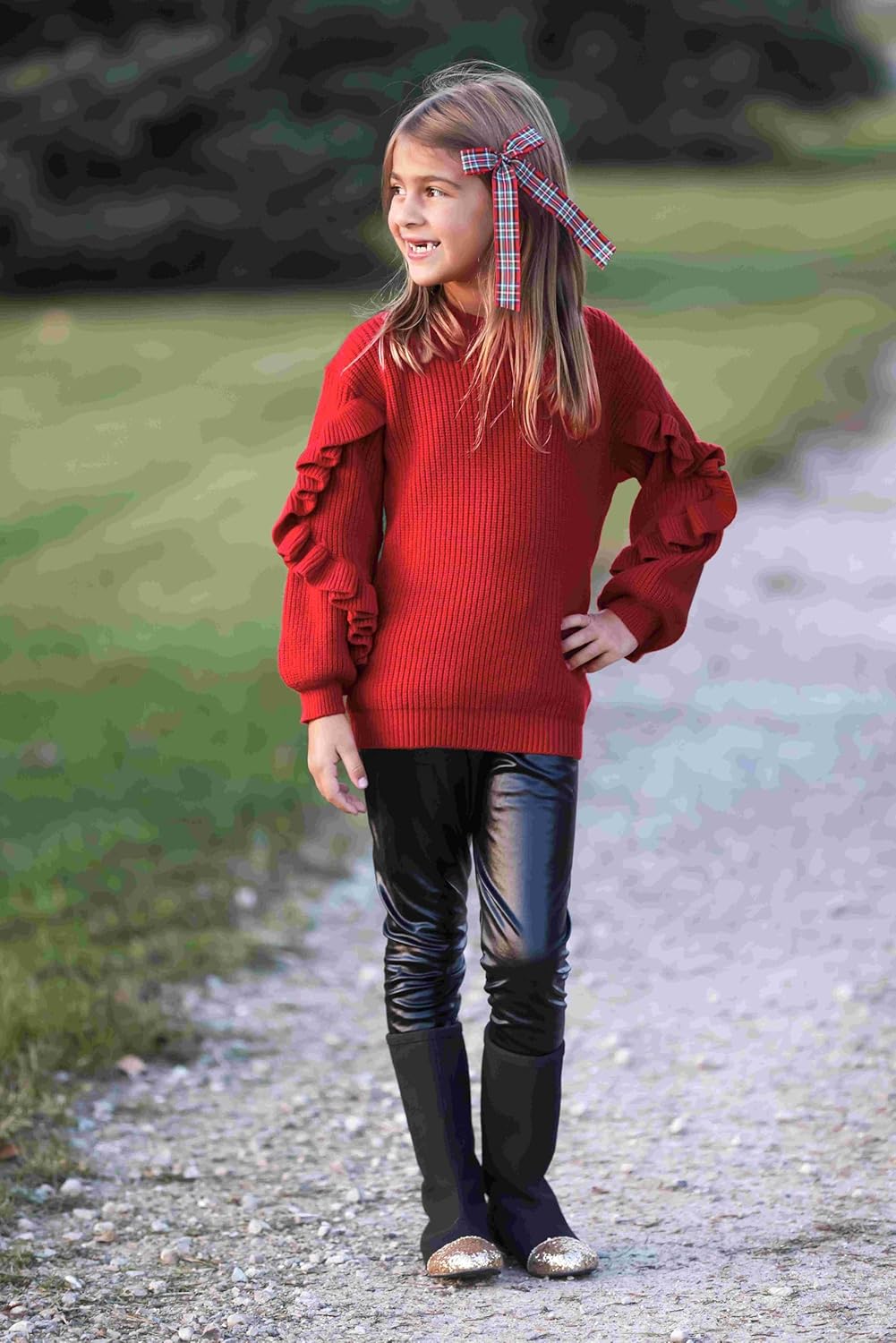 Arshiner Girls Long Lantern Sleeve Sweaters Crew Neck Knit Pullover Jumper Top - Image 6