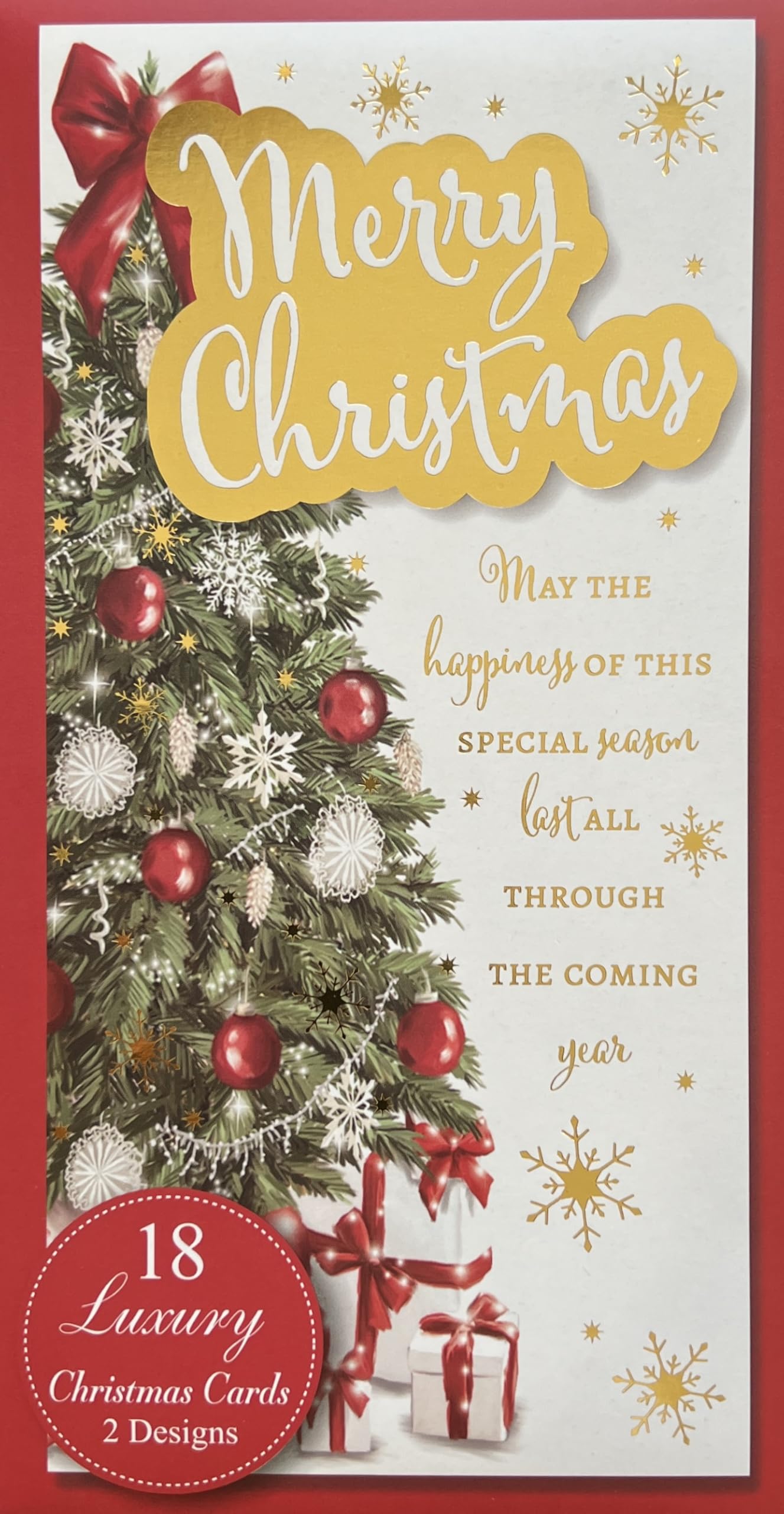 Luxury Christmas Cards Pack of 18 – Foil Embossed Xmas Cards, 2 Festive Designs with Christmas Tree & Presents – Holiday Greeting Cards Multipack with Envelopes