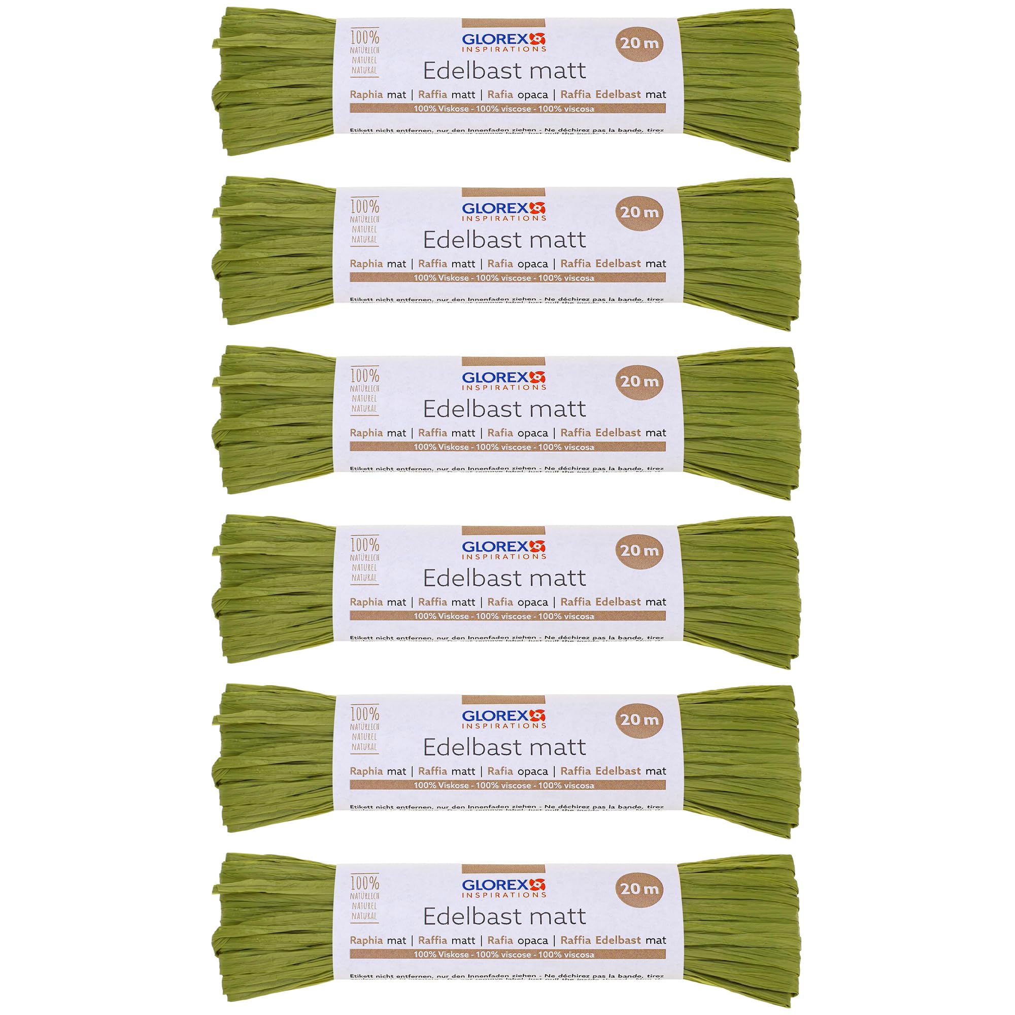 GLOREX 6 9400 510K Raffia Edelbast, 6 Bundles Each 20 m Matte Raffia, Olive - for Crafts, Decoration or for Arrangements, Bouquets and Other Floristry Works