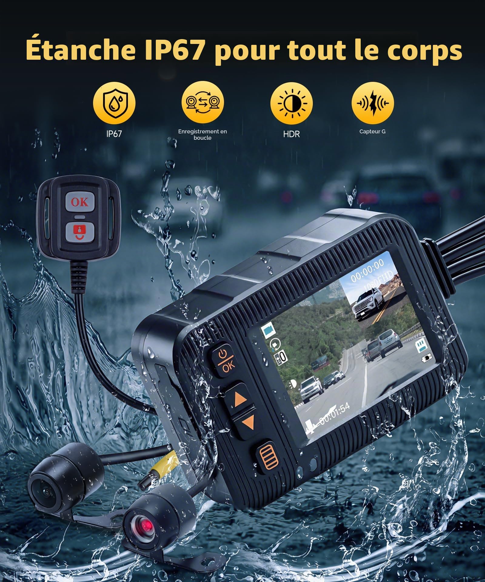 Hodozzy 2 Pouces 1080P Dashcam pour Moto, avec Vision Avant et Arrière, Etanchéité IP65, Enregistrement en Boucle, Surveillance Stationnement, Capteur G, Commande Filaire, Carte TF 32G