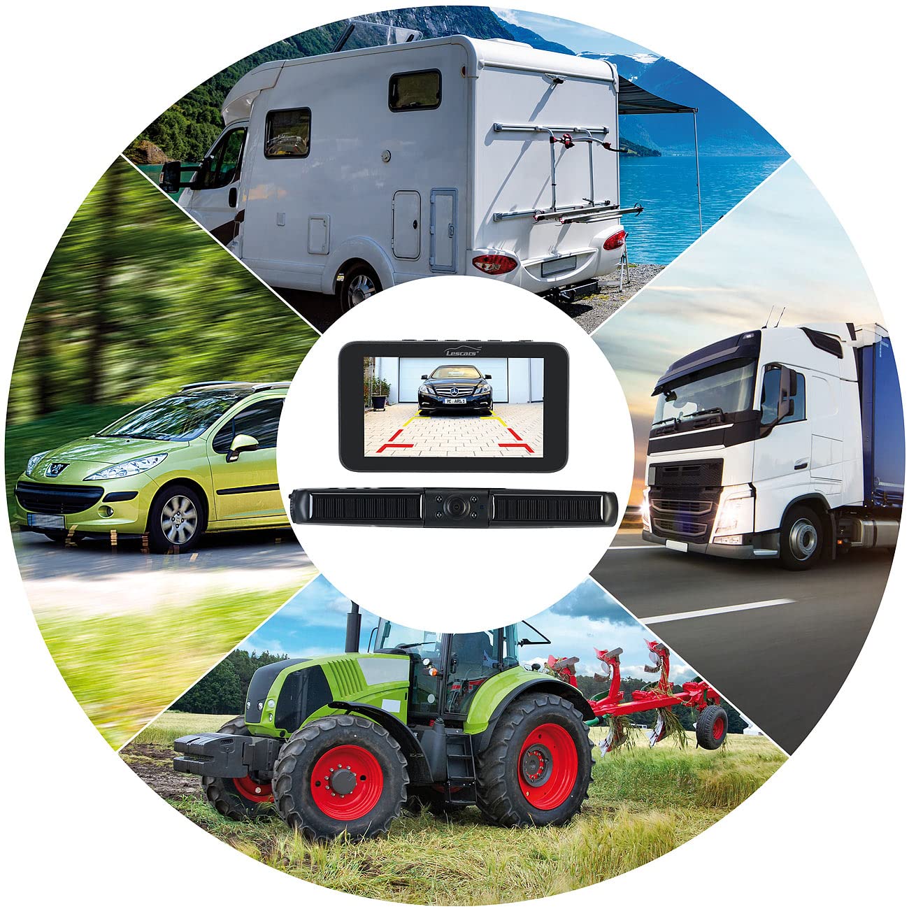 Lescars Frontkamera Auto: Solar-Funk-Front- und Rückfahrkamera mit Full HD und 5" Monitor (Einparkhilfe vorne, Kabellose Rückfahrkamera, IP)