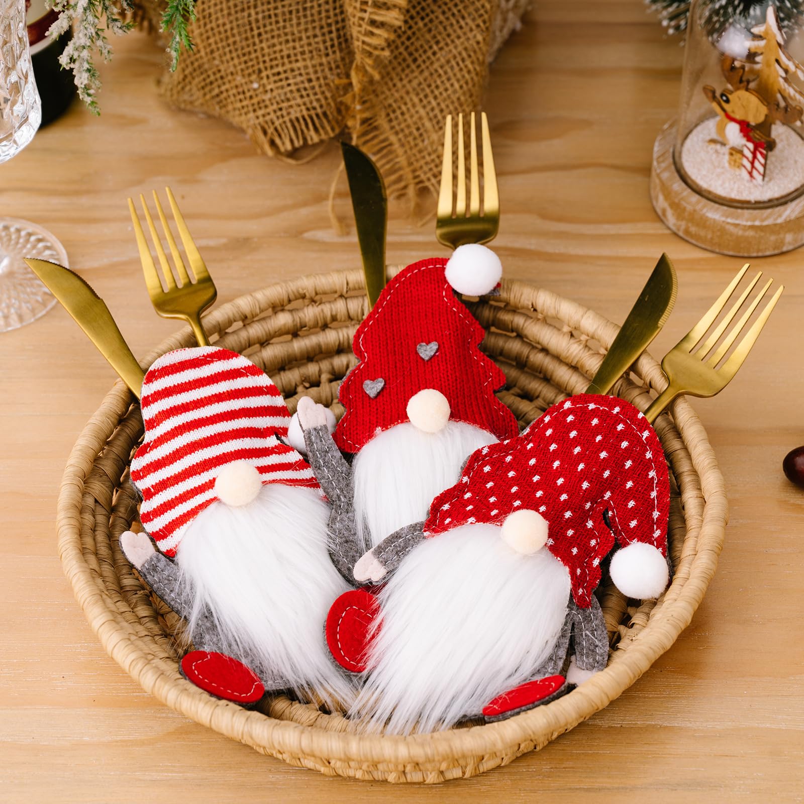 6 Portaposate Natalizi A Forma Di Cappello, Pupazzo Di Neve E Renna - Tasche In Feltro Per Posate, Decorazione Tavola Di Natale - 3