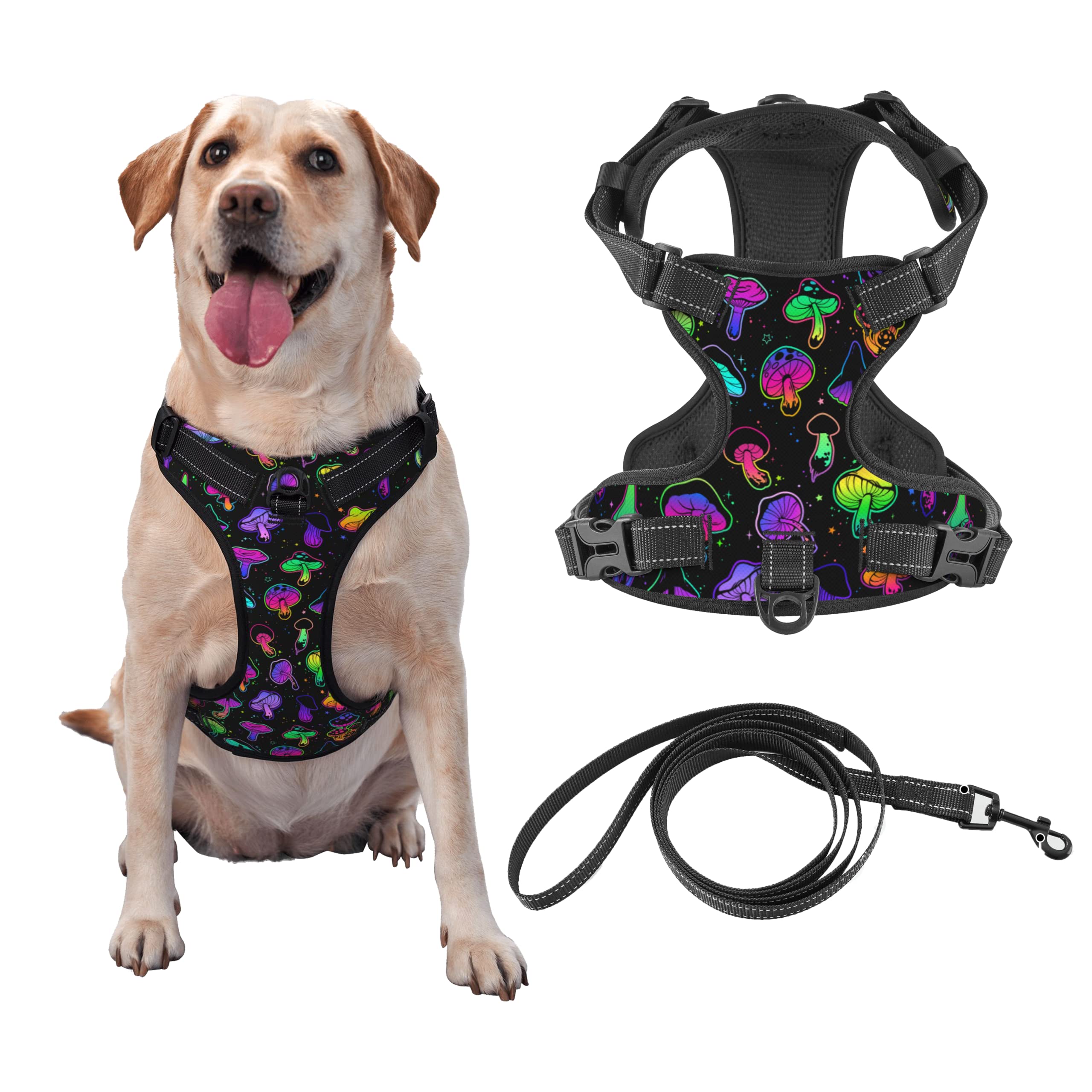 Reflective Vest Harness Bright Psychedelic Mushrooms Adjustable No Pull Pet Harness Stylish Oxford Easy Control Puppy Walking Outside Training-Large
