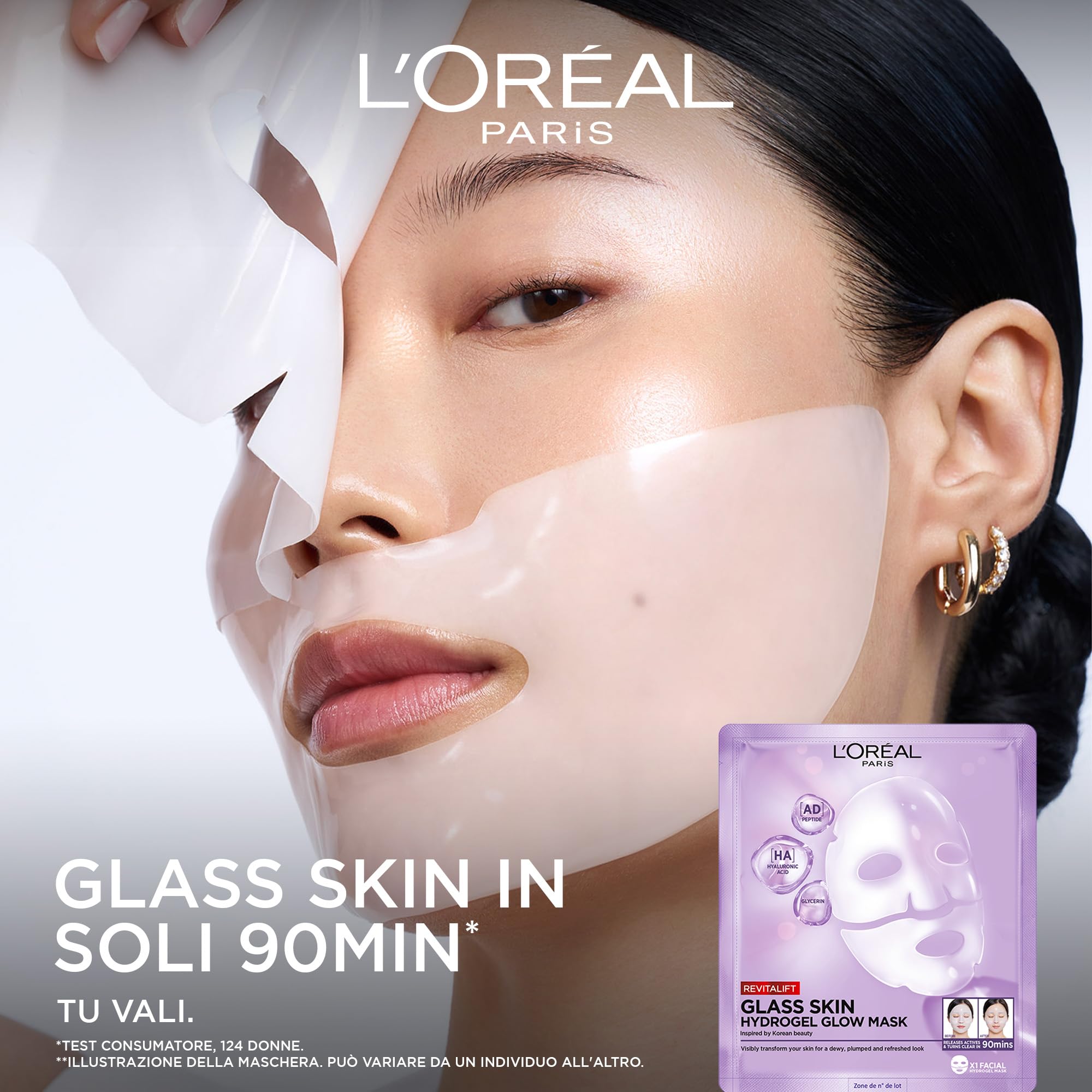 L'Oréal Paris Glass Skin Maschera in Idrogel, Per Tutti i Tipi di Pelle, Pelle Luminosa e Radiosa, Risultati Istantanei, Trend Coreana, Con Acido Ialuronico e Centella Asiatica, Revitalift, 1x37gr
