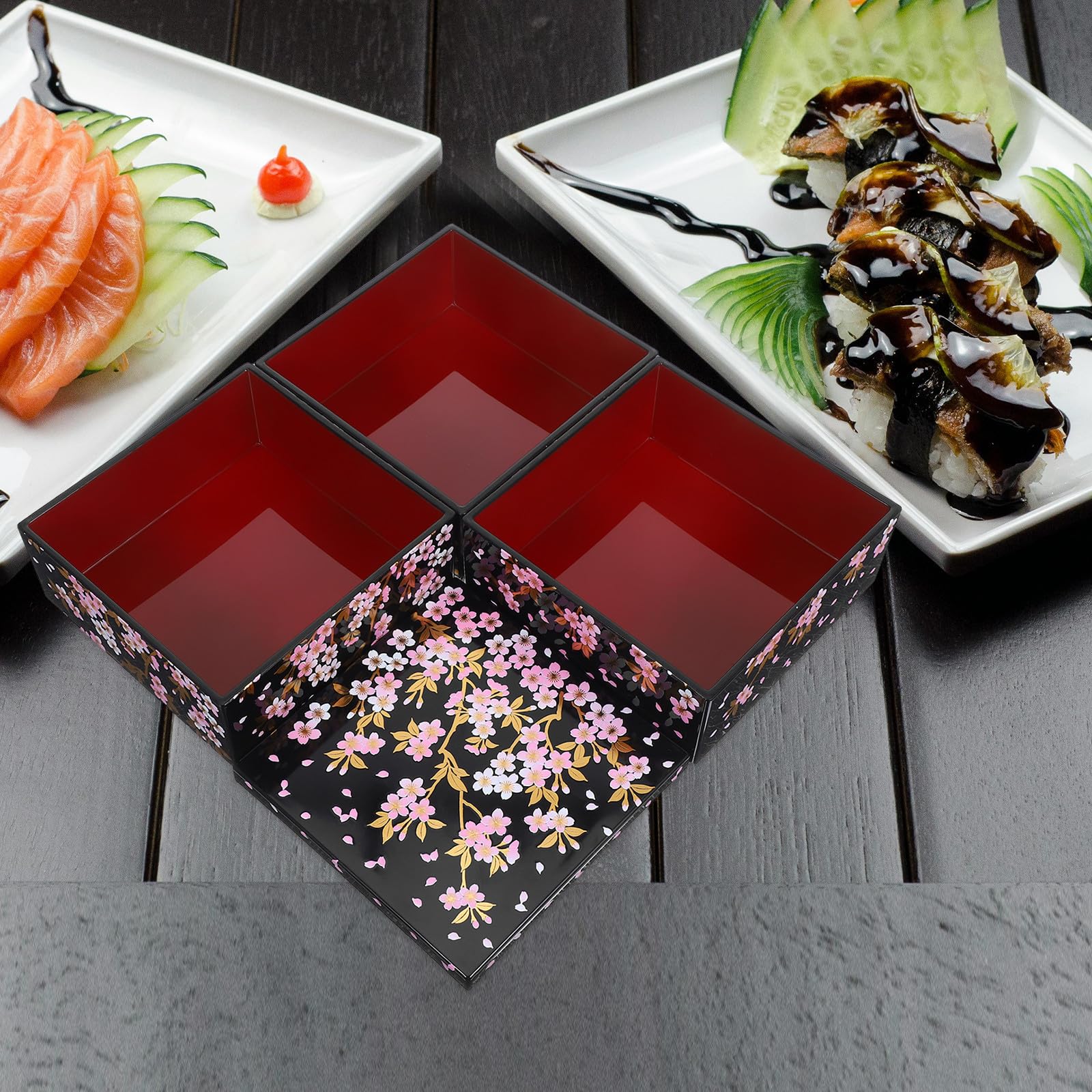 Gadpiparty Scatola Sushi Giapponese a Strati con Decorazione Fiori di Ciliegio Oro Contenitore Raffinato per Snack e Sushi per Feste Pranzi e Picnic