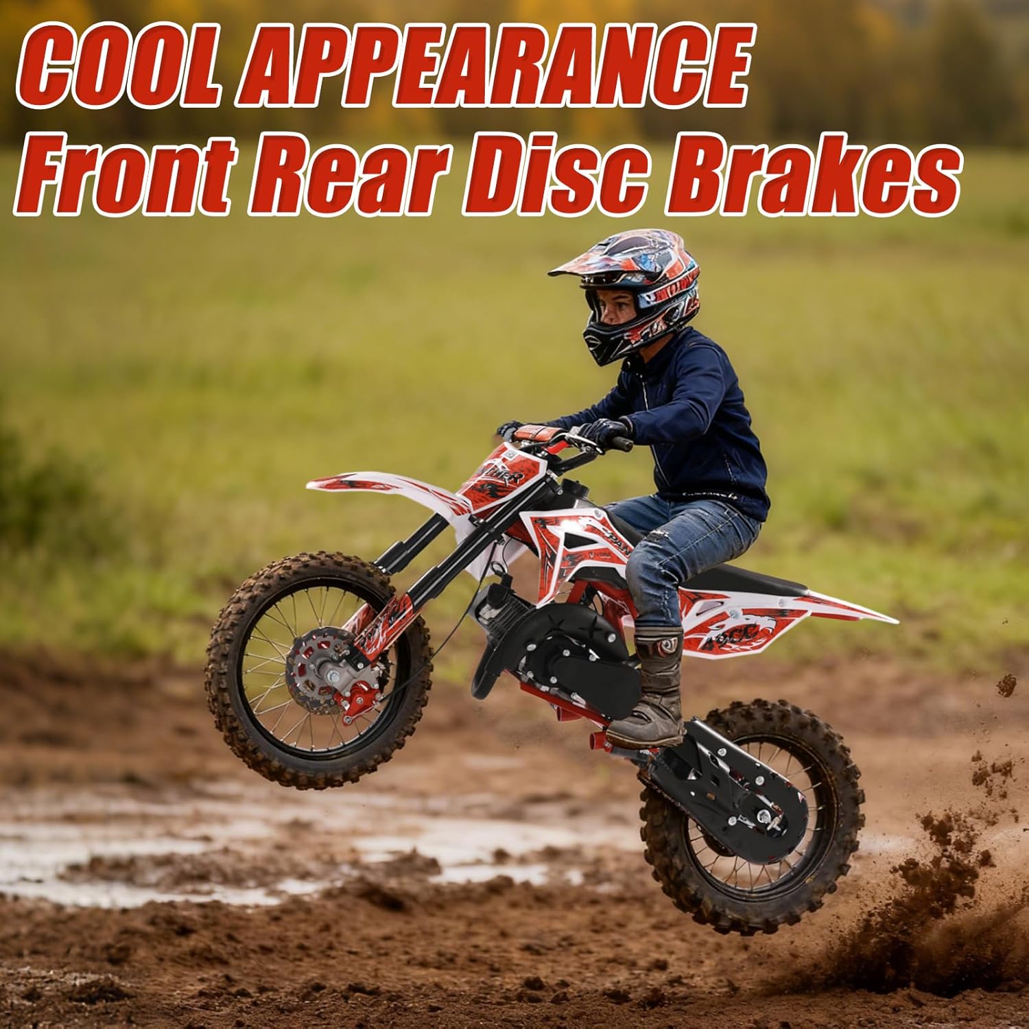 gihusrzx 2026 Upgraded 50cc Gas Dirt Bike - 2 Stroke Motorcycle with Off-Road Tires, Front Rear Disc Brakes & Shock Absorbers - Up to 40KM/H Motocross Bike with Comfort Seat Cushion for Youth Riders Red
