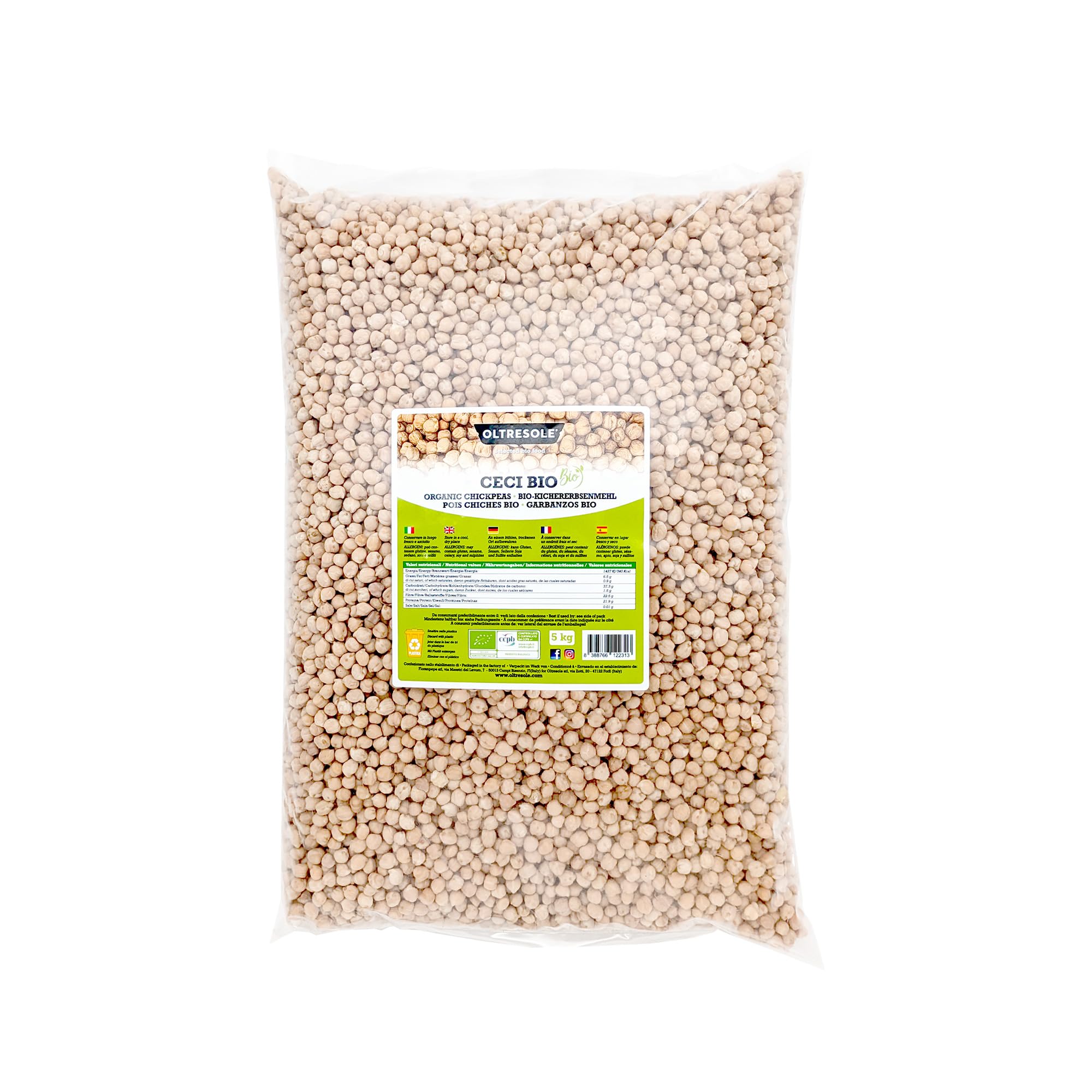 Oltresole, Garbanzos Ecológicos 5 Kg, Legumbres Secas Ecológicas de Cultivo Controlado, Excelente para Sopas, Ensaladas, Verduras y Recetas Saludables, Tamaño Conveniente