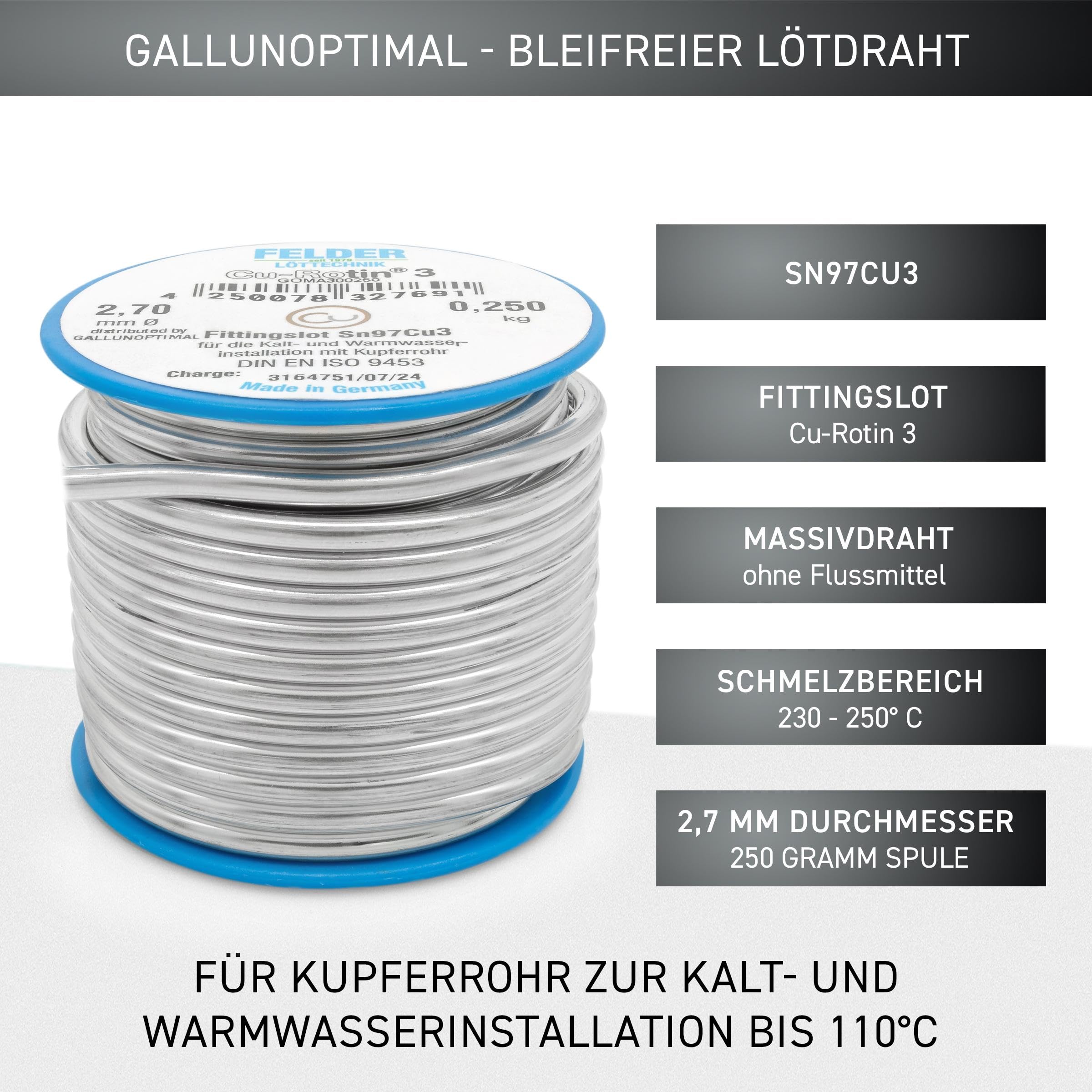 by FELDER Fittingslot Cu-Rotin 3 | Ø 2,7 mm | zum Weichlöten von Kupferrohren in der Trinkwasser- und Heizungsinstallation | Sn97Cu3 | Schmelzbereich 230-250°C | 250 g Spule