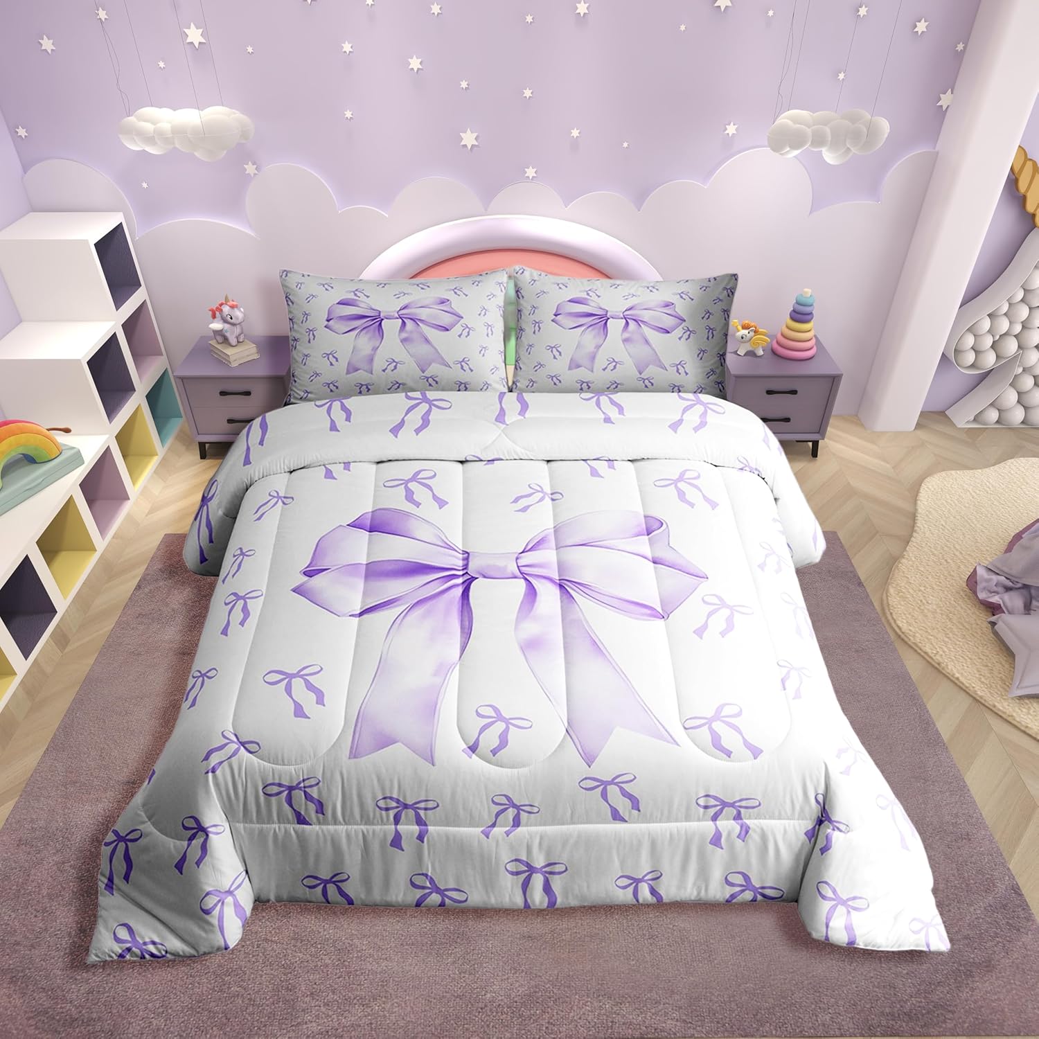 Erosebridal Cute Bowknot Kids Bedding Set Pink Bow Princess Queen Comforter Set Watercolor Bow Knot Bedding Comforter Sets Simple Pink and White Duvet Insert Reversive Decor