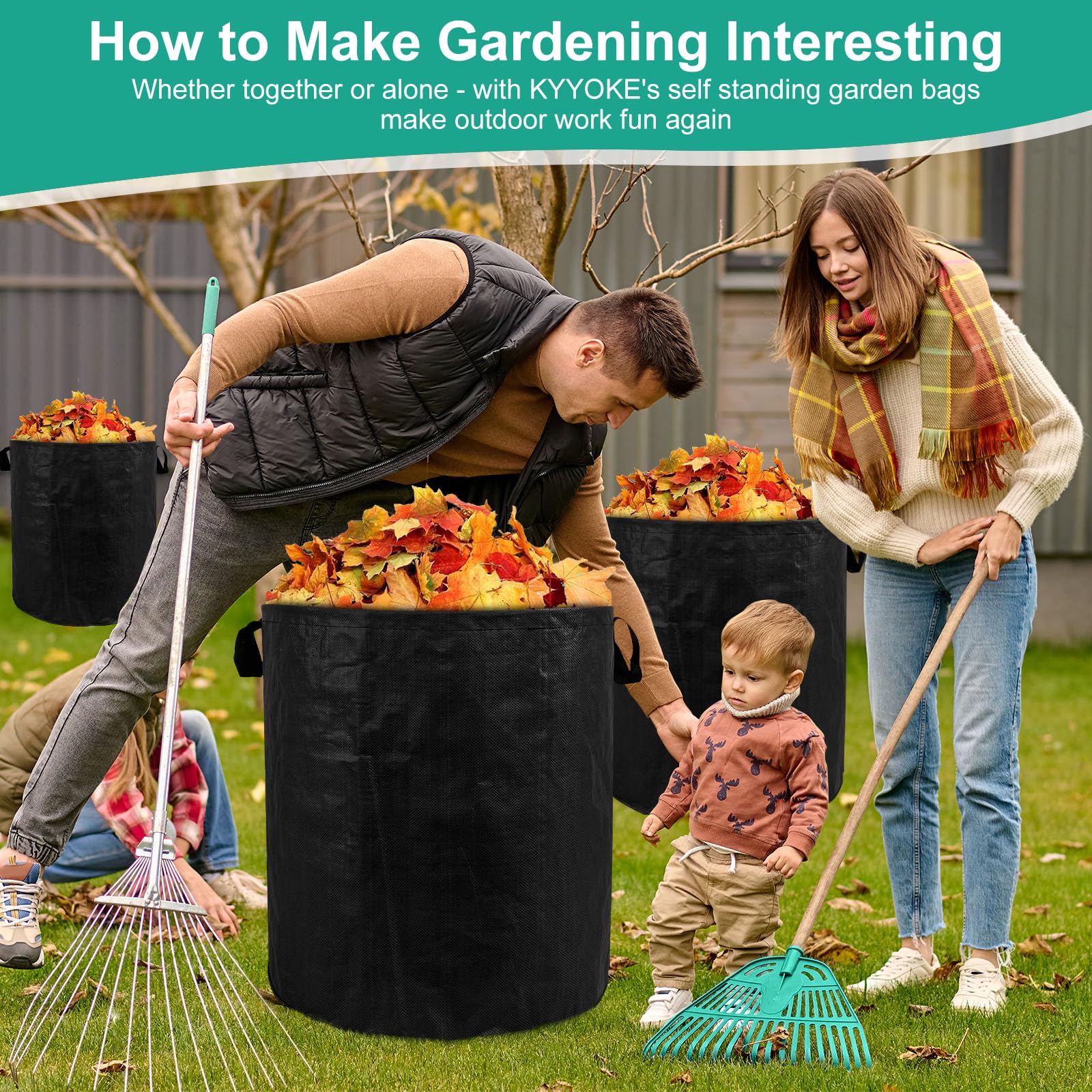 Sacchi per Rifiuti da Giardino 3x272L, Sacchi Giardinaggio Resistenti agli Strappi e Impermeabili Supporta fino a 50 kg, Sacco Raccogli Foglie Pieghevole Autoportante,